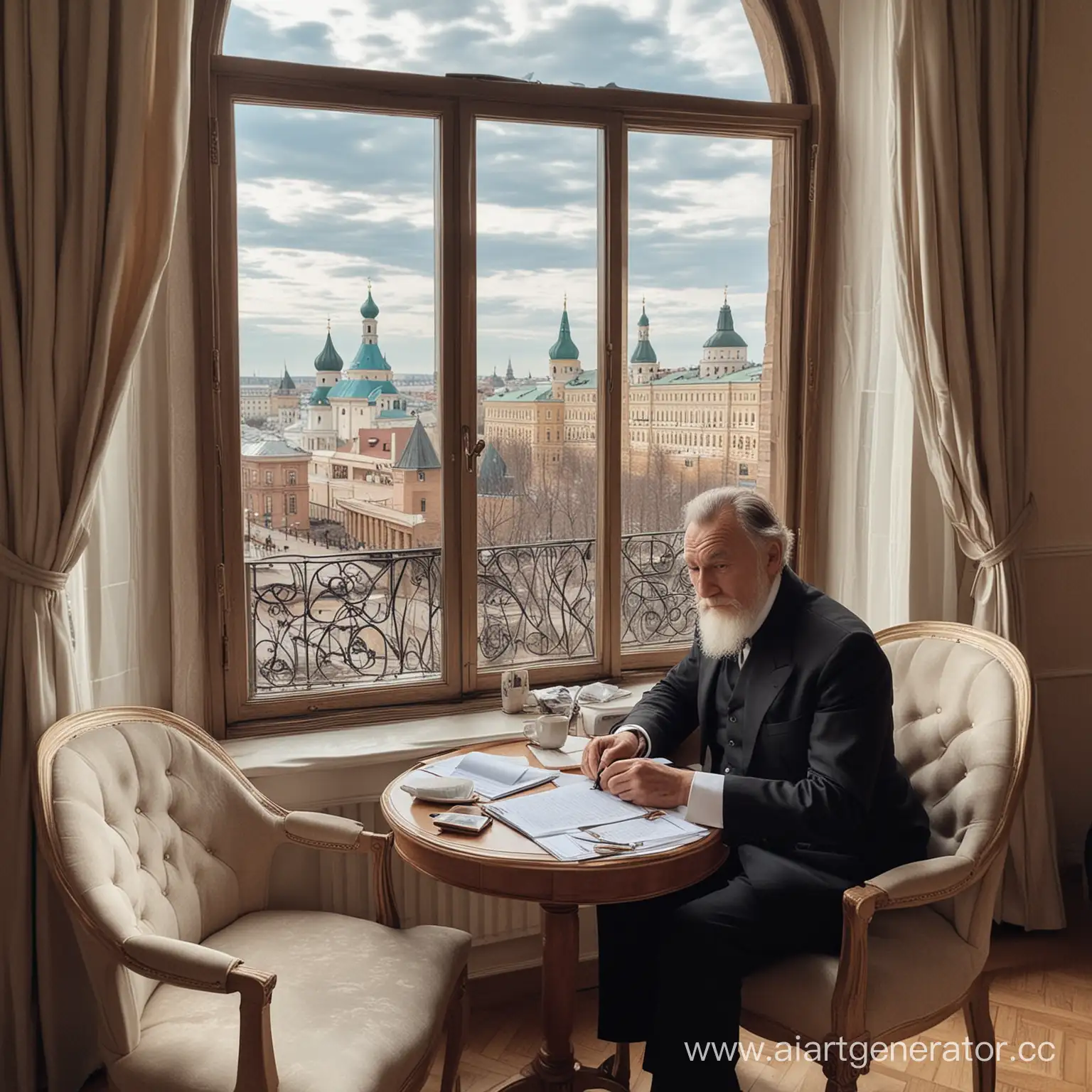 Leo-Tolstoy-Journaling-at-Riviera-Hotel-Overlooking-Kazan-Kremlin