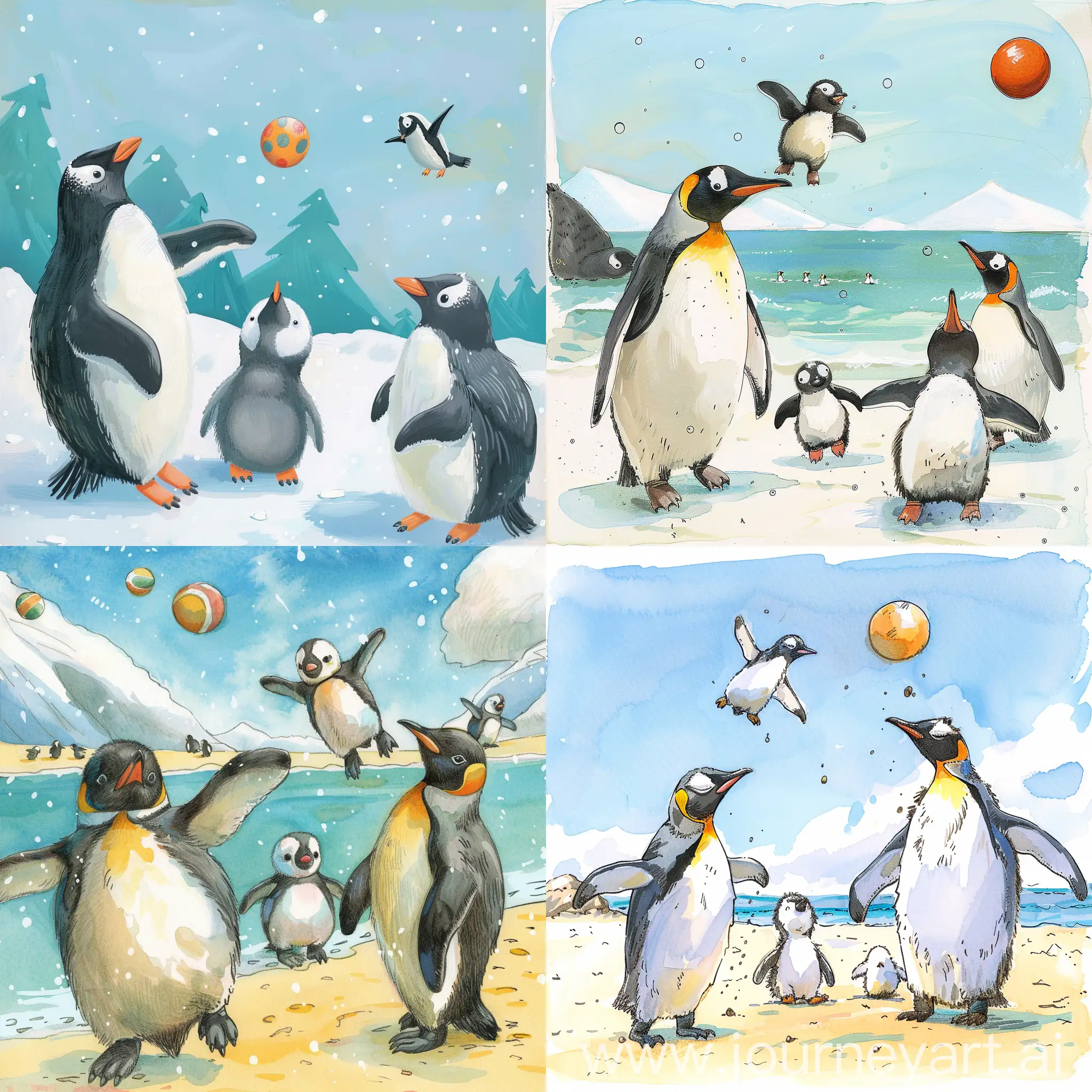 Playful-Penguin-Chick-Explores-with-Parents-in-Storybook-Illustration