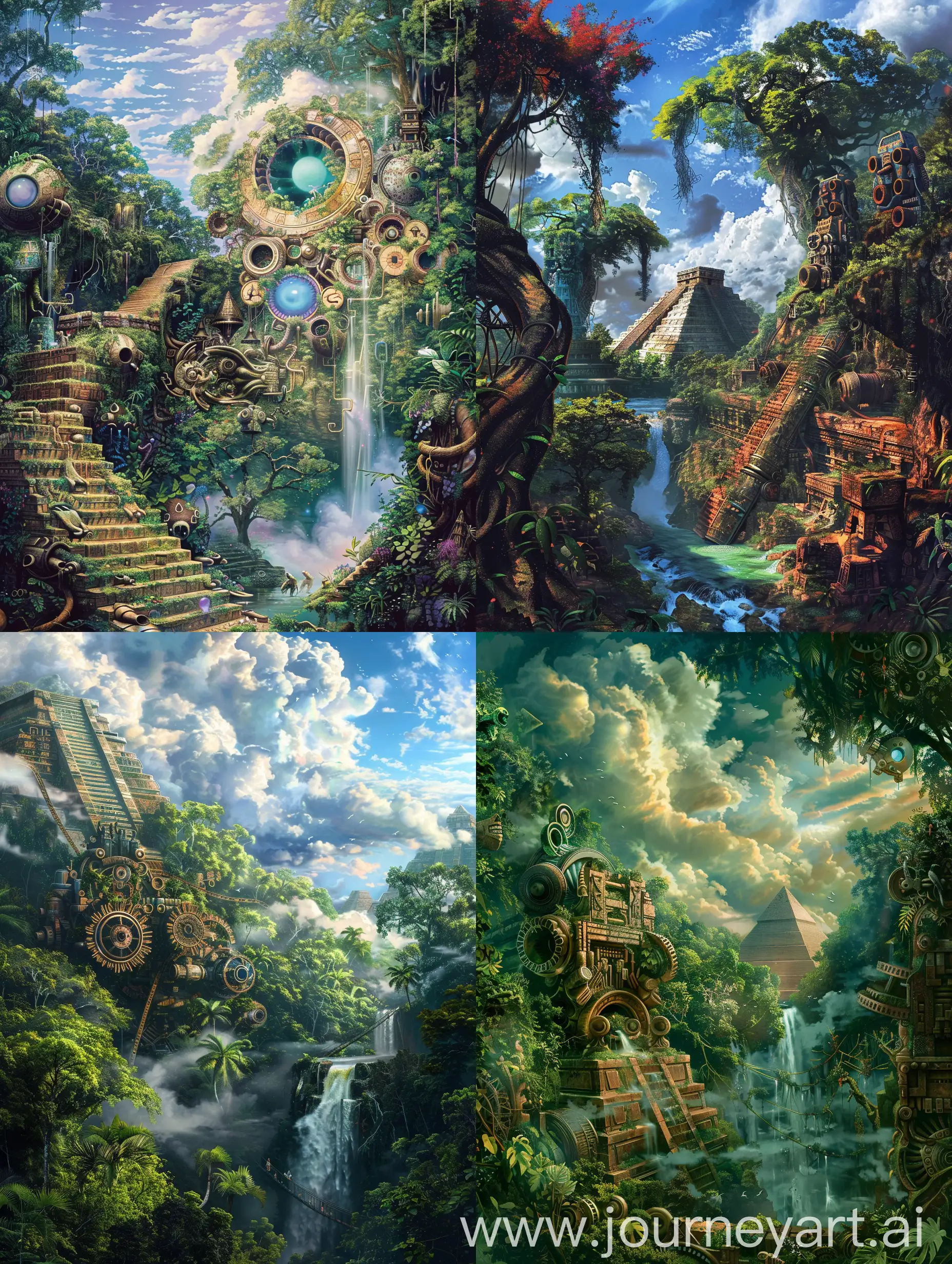 A psychedelic vision of the forest with clouds pyramids engine parts water fall aliens creatures humans in highest detail, vivid color with gorgeous, Mayan setting