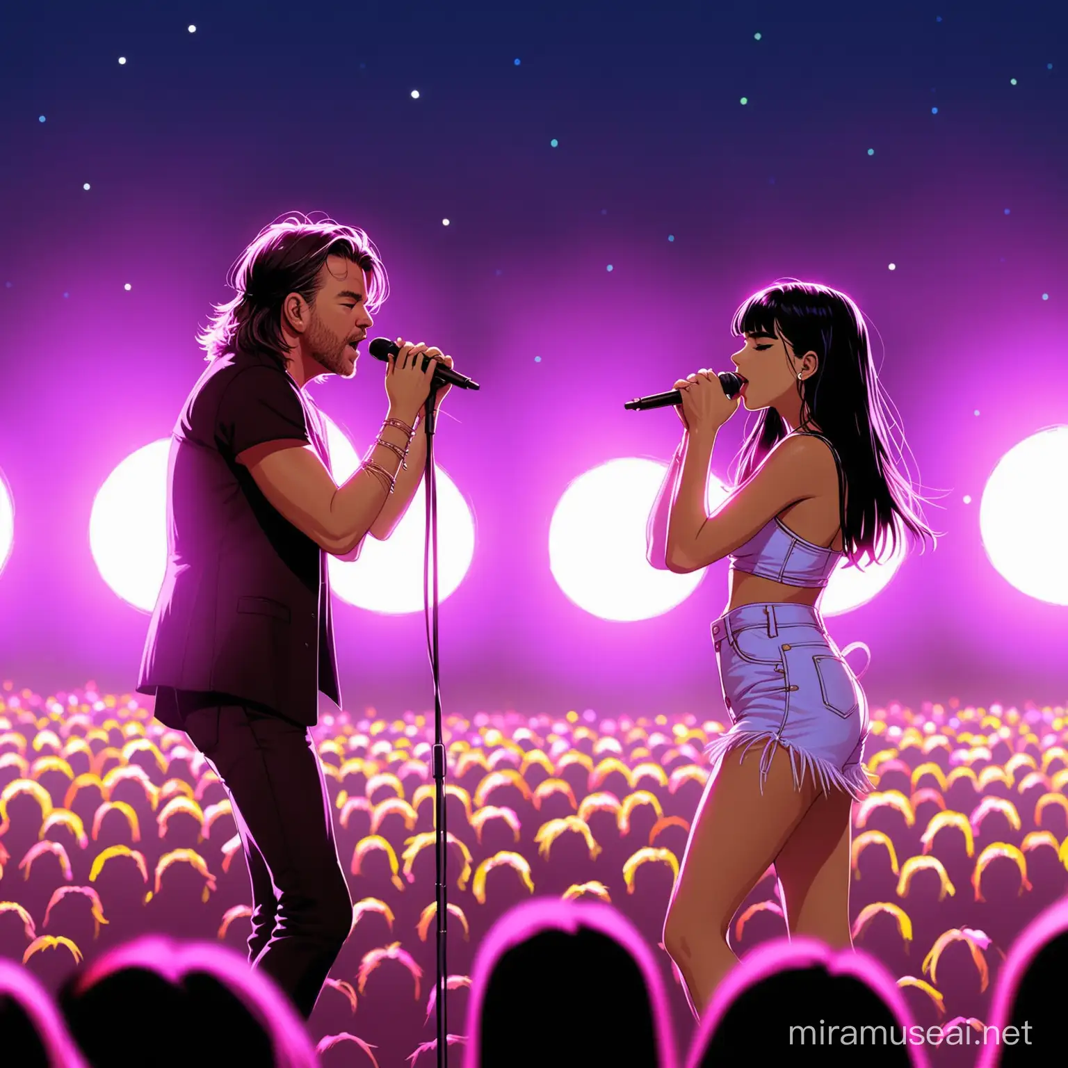 A young John Mellencamp and Dua Lipa performing at Woodstock on stage at night with colored lights