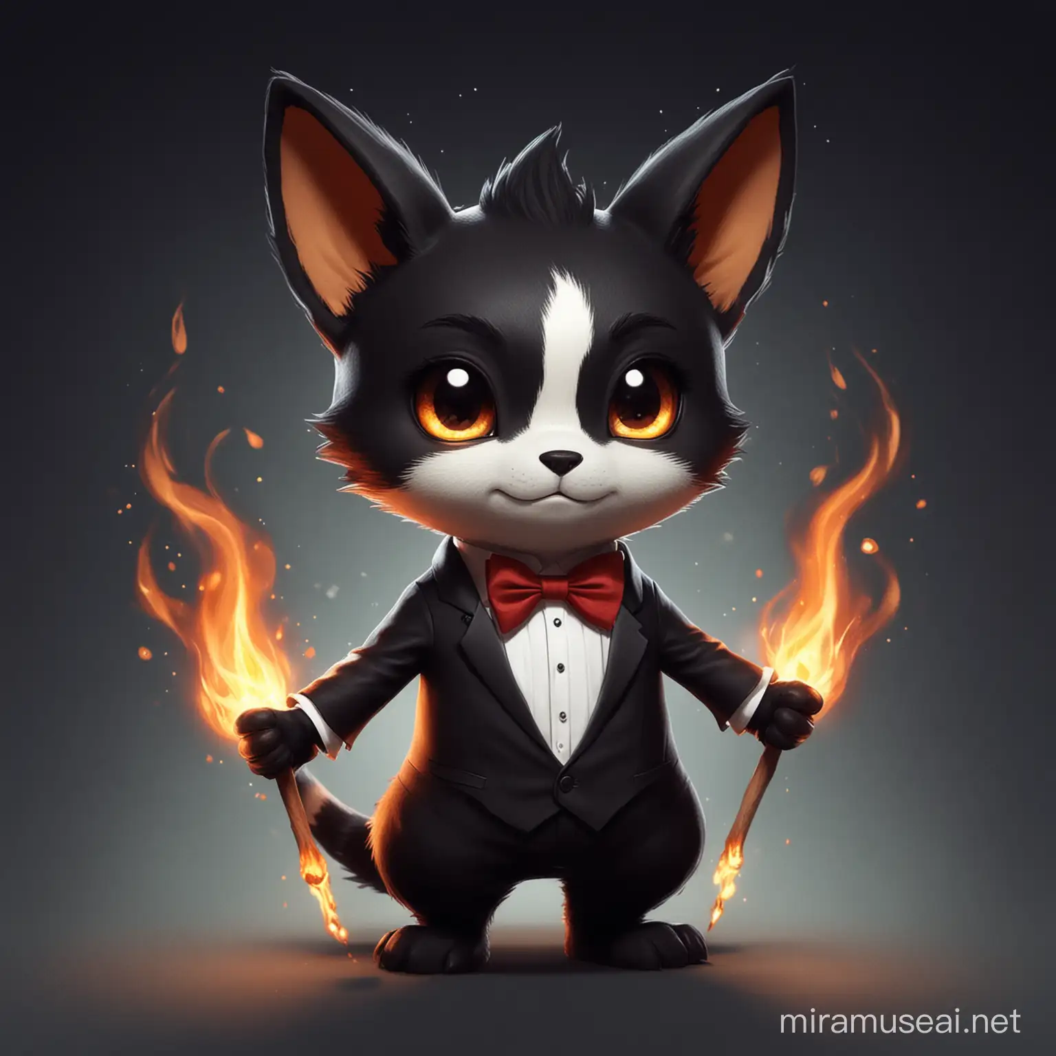 Adorable XION Creature in Elegant Tuxedo with Fiery Ambiance