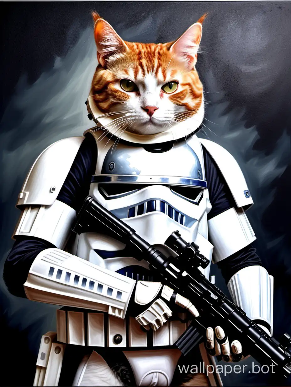 Cat in a stormtrooper costume, detailed costume, pistol, cat head with human body, cat warrior, Star Wars, classical portrait, realistic oil painting