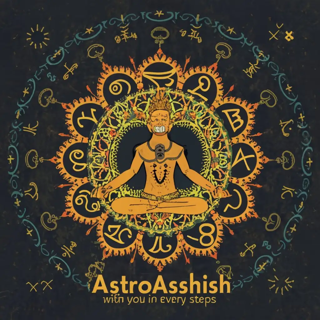a logo design,with the text "Astroashhish 
vedically with you in every steps", main symbol:yogi meditating with seven chakra, add zodiac signs circle as well,complex,be used in Religious industry,clear background