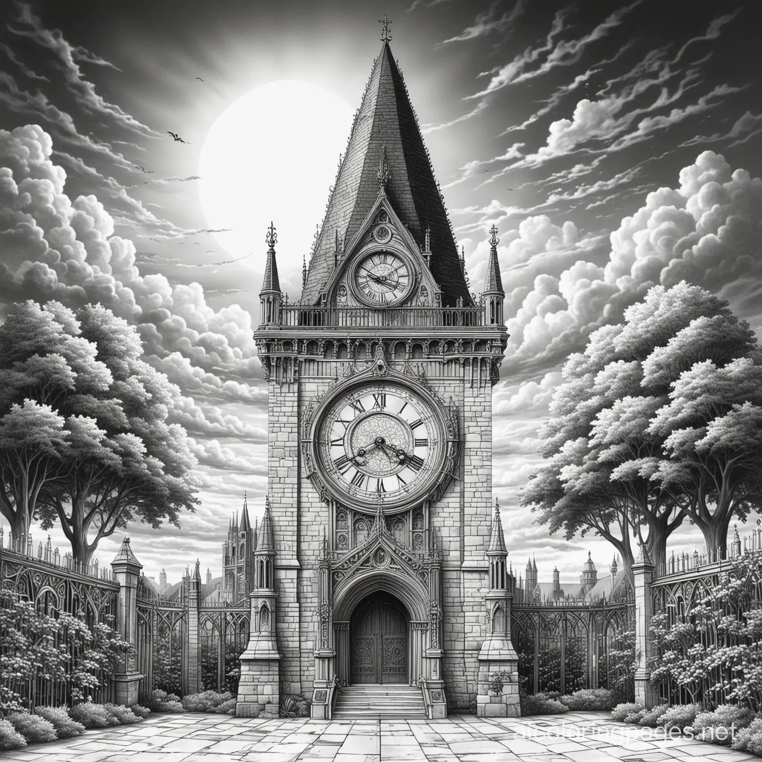 gothic clock tower adorned with inticate gothic details with a cloudy, Coloring Page, black and white, line art, white background, Simplicity, Ample White Space. The background of the coloring page is plain white to make it easy for young children to color within the lines. The outlines of all the subjects are easy to distinguish, making it simple for kids to color without too much difficulty