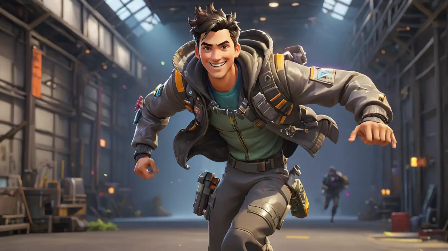 Description: There is one colorful male Fortnite character wearing a metal jacket
Theme: the theme is sci-fi and takes place in a hangar without people
Action: He is running
they are fully clothed and the skin is matte and have dark hair,
they are smiling,
Caucasian