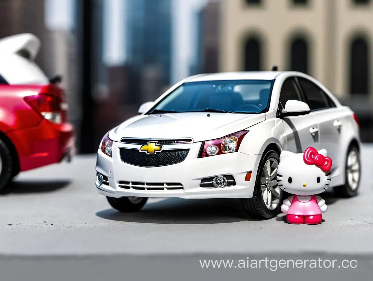 Hello-Kitty-Posing-by-White-Chevrolet-Cruze-in-Urban-Setting