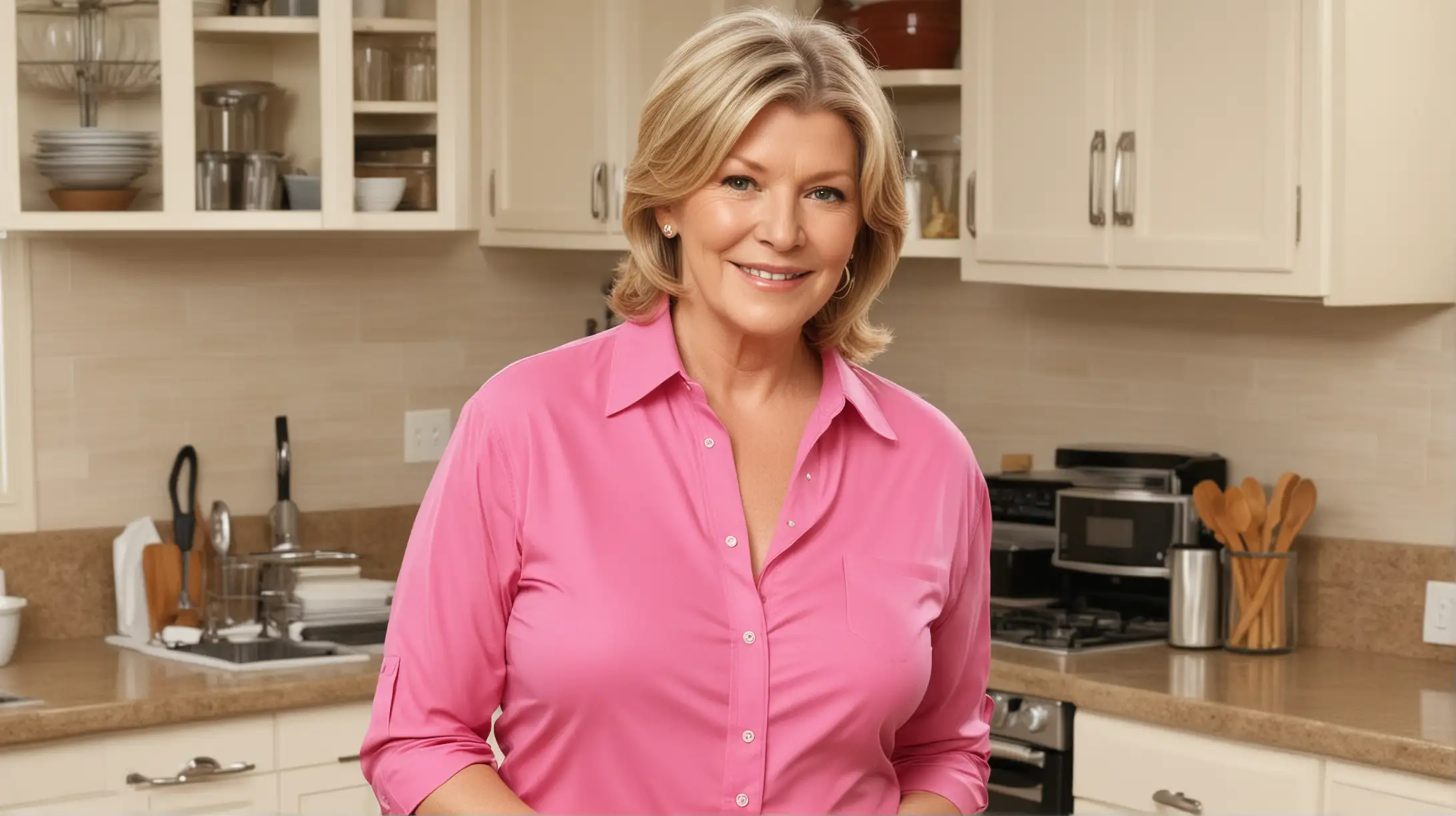 Martha Stewart look a like with very large breasts in a hot pink shirt in the kitchen 