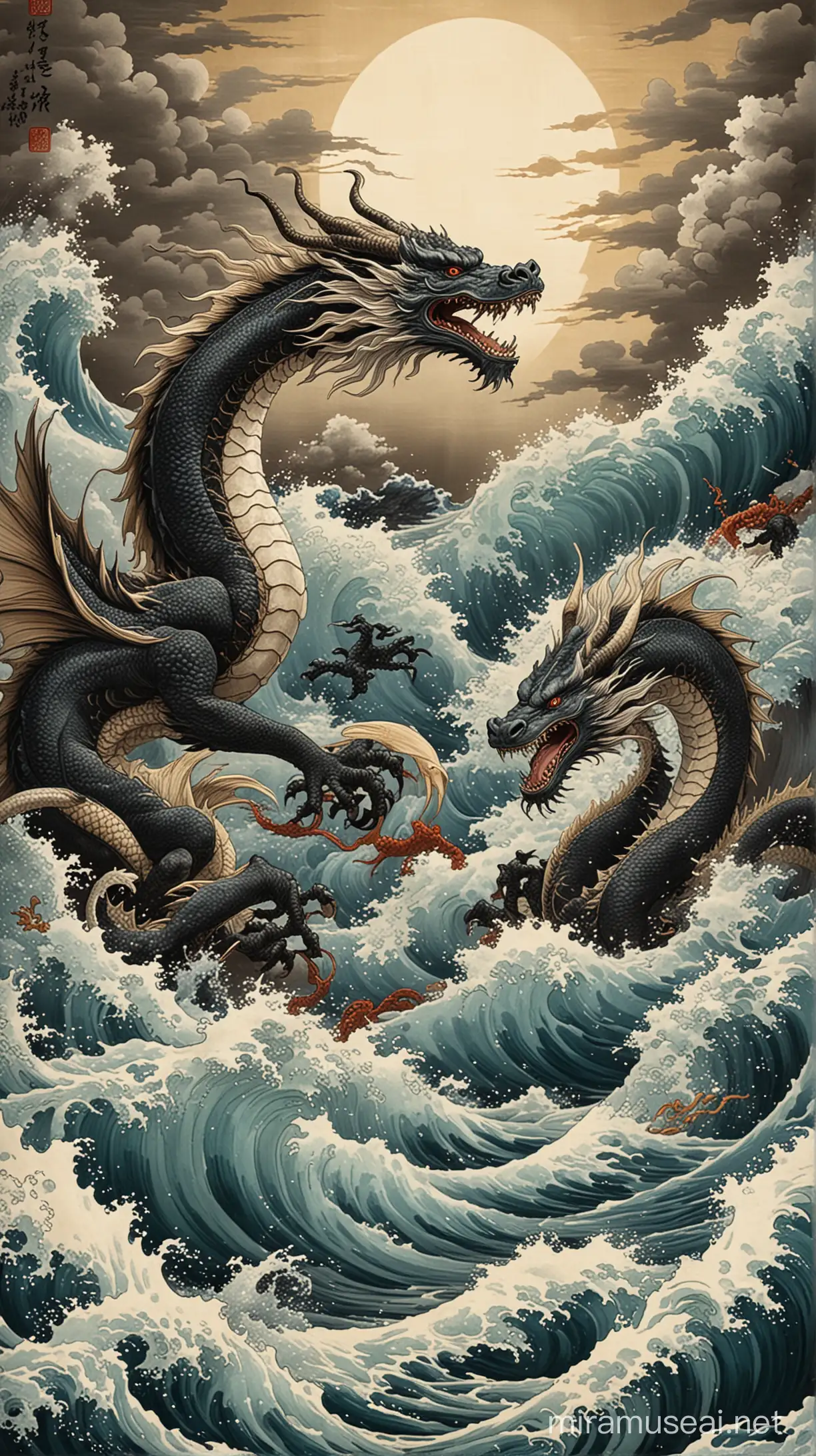 The battle of the black dragon at the top of the frame with the winged white dragon that emerged from the waves at the bottom of the frame. Hokusai style painting. Chinese dragons with long and slender bodies