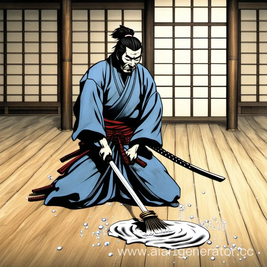 самурай моет пол тряпкой