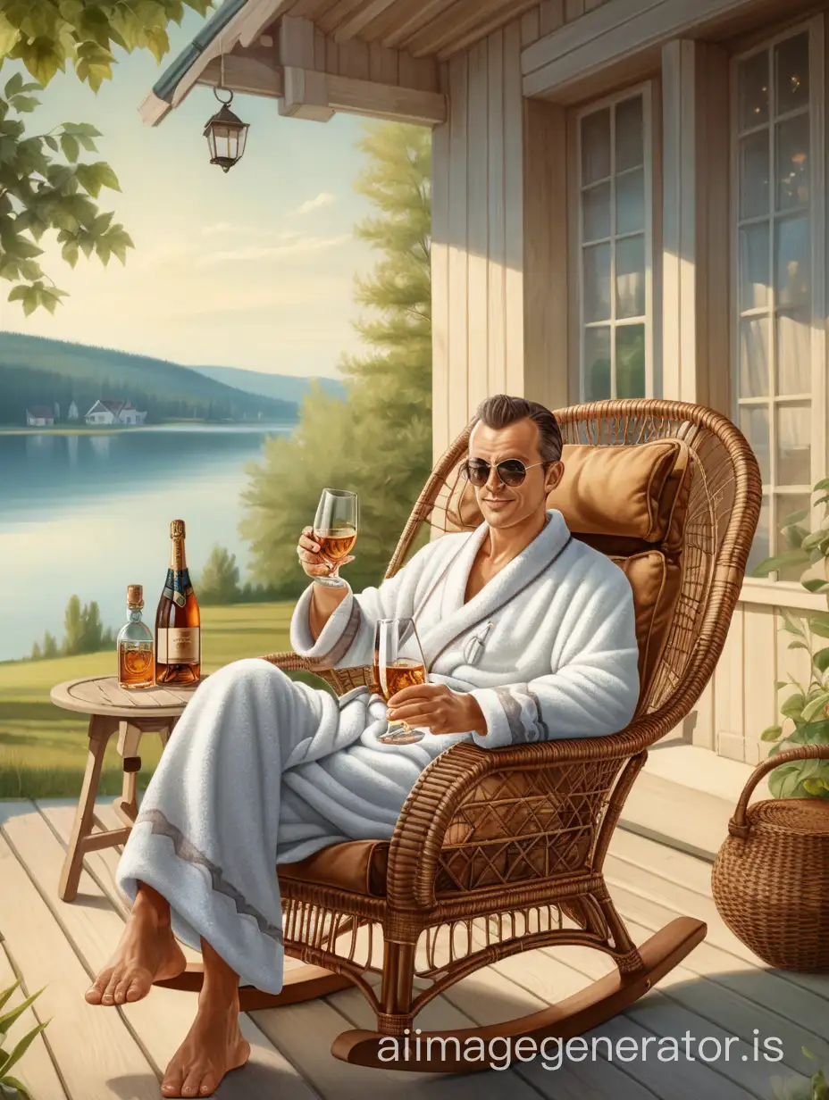 A man in a robe sits in a rattan rocking chair against the background of a summer cottage, holding a glass of brandy in one hand, with a champagne glass on the table nearby.