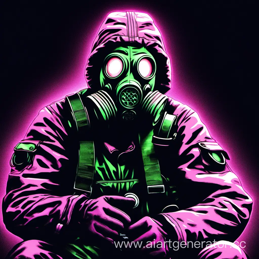 Человек Сталкер из зоны чернобыля, Сидит в противогазе, на чёрном фоне, мультик, мягко-зелёный и мягко-розовая подсветка, картинка рябит