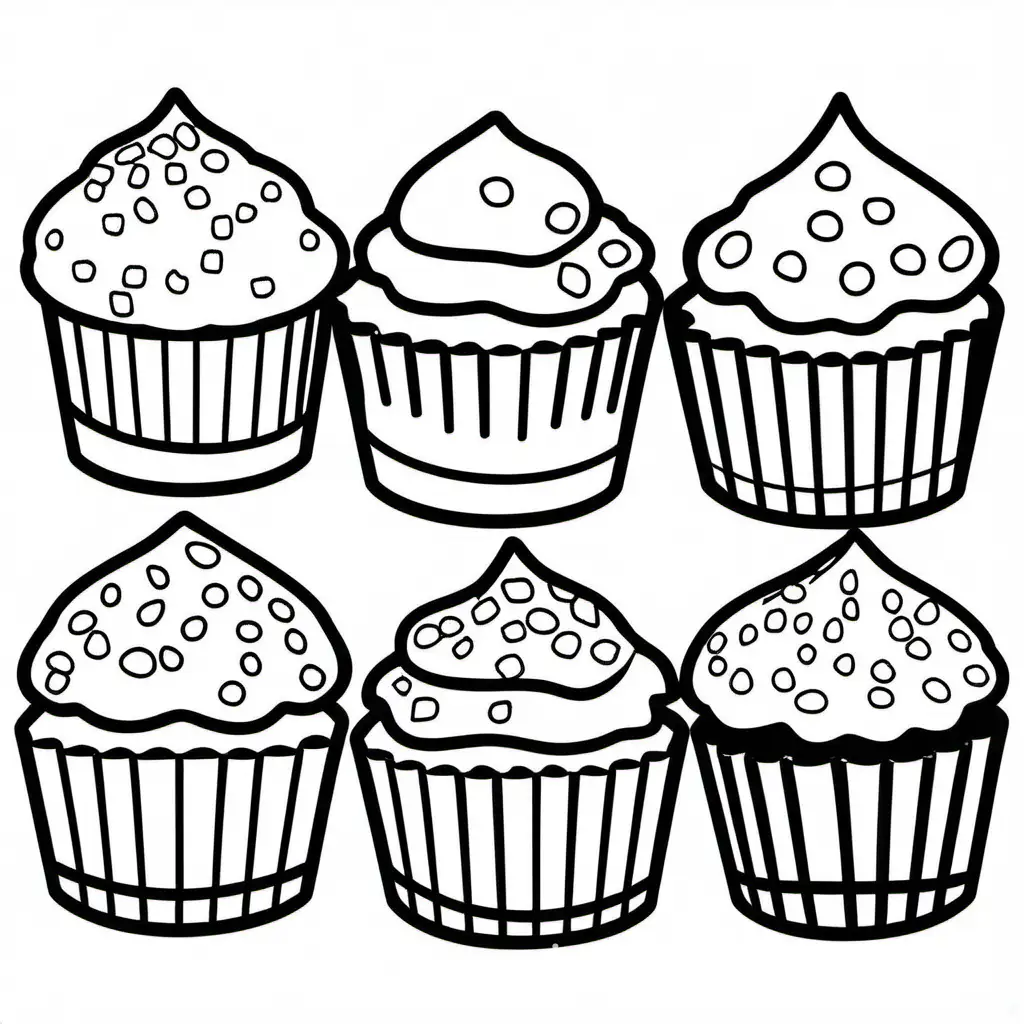 Muffins bold ligne and easy, Coloring Page, black and white, line art, white background, Simplicity, Ample White Space. The background of the coloring page is plain white to make it easy for young children to color within the lines. The outlines of all the subjects are easy to distinguish, making it simple for kids to color without too much difficulty
