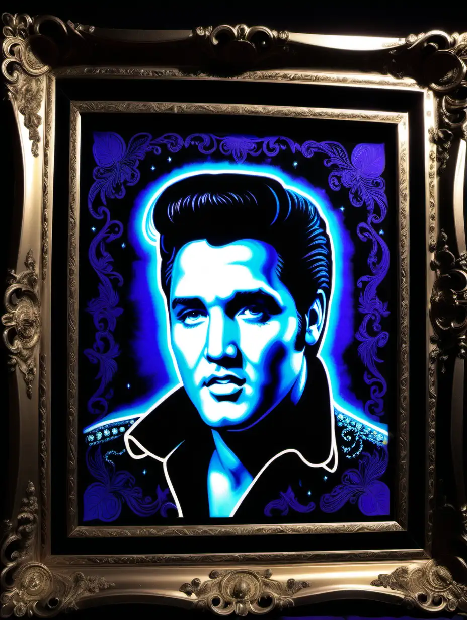 a velvet painting of Elvis Presley, in black light, with ornate frame.