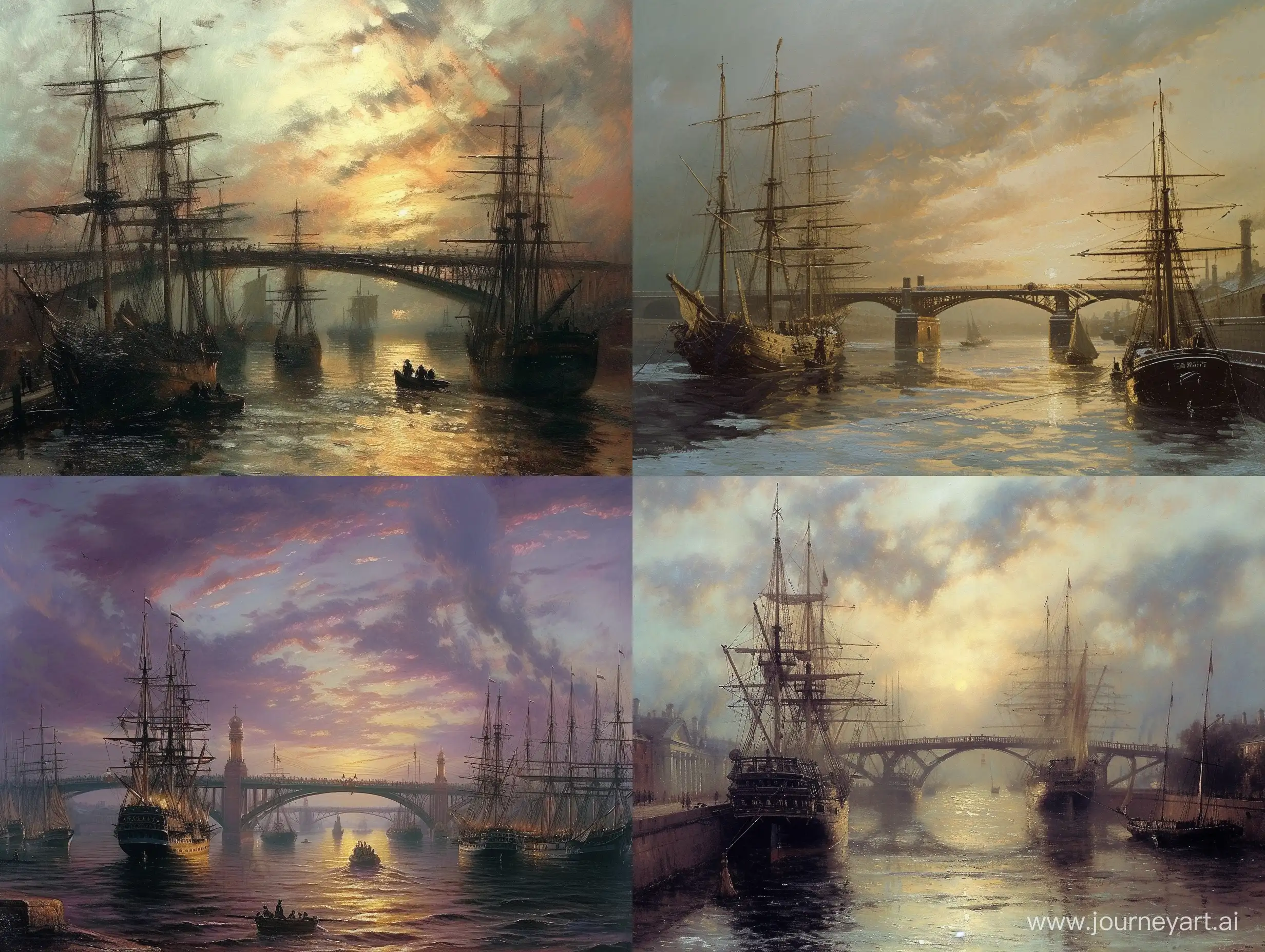 В Санкт-Петербурге в час ночи поднимаются мосты и начинают плыть корабли, стиль российских художников 19 века, стиль рисованных картин, стиль картин российских художников 19 века