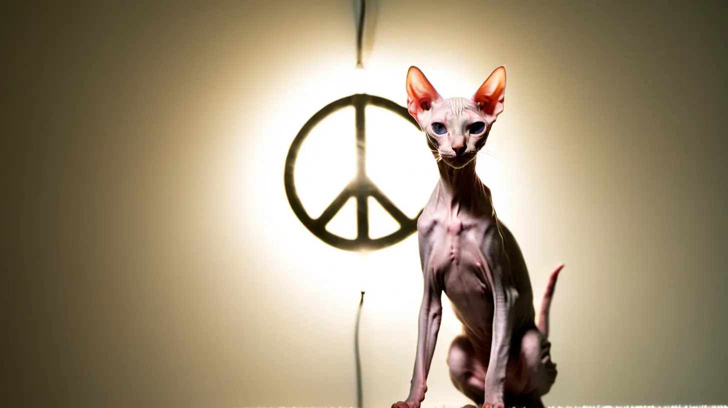 hairless cat, skinny, peace symbol, surrounded in light