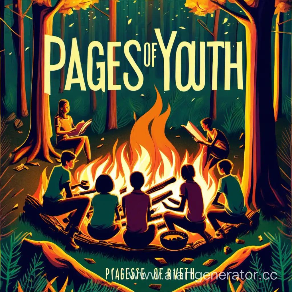 обложка книжного клуба под названием "Страницы Юности", добавить атмосферы леса, костра