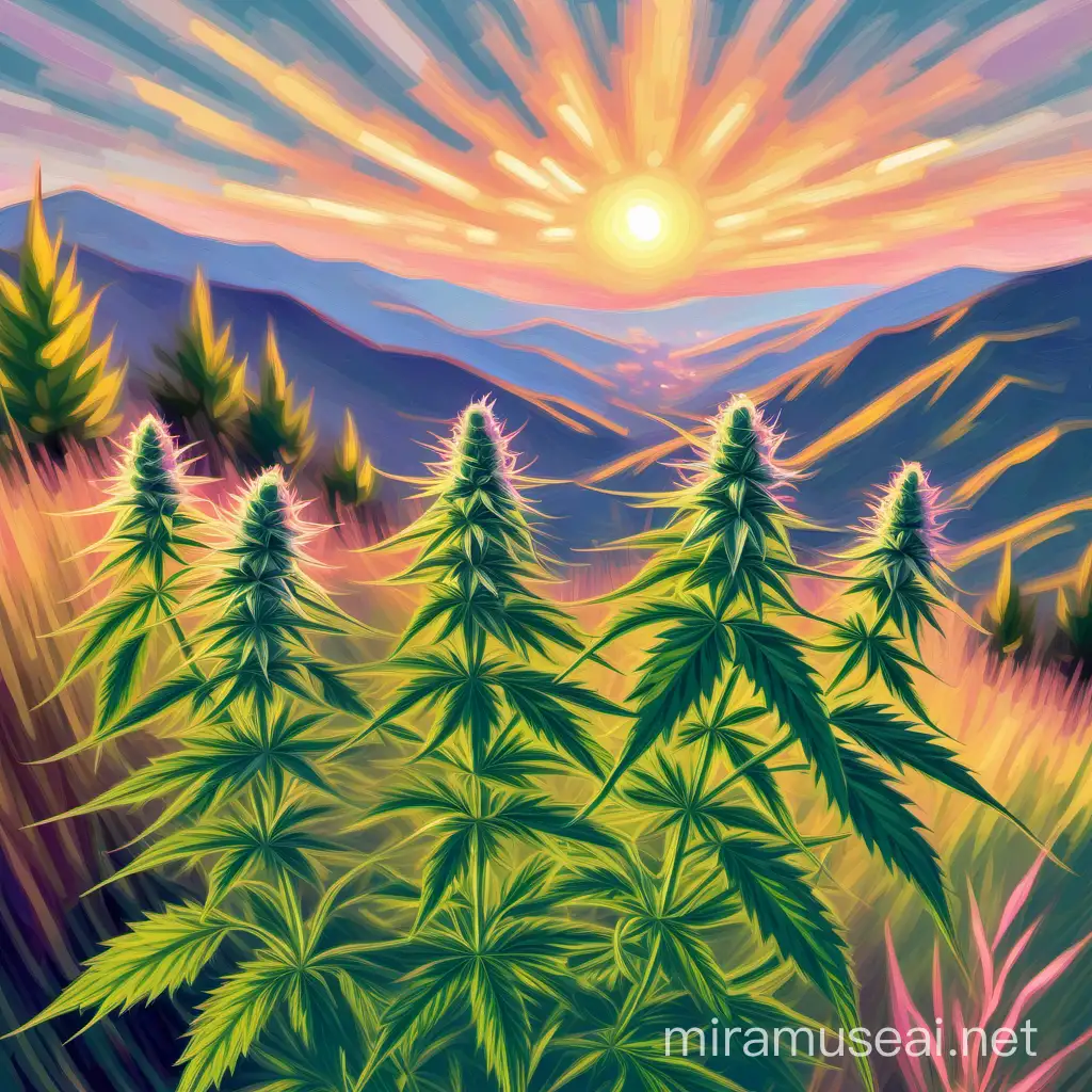 Impressionist Sunset Cannabis Field on Mountain