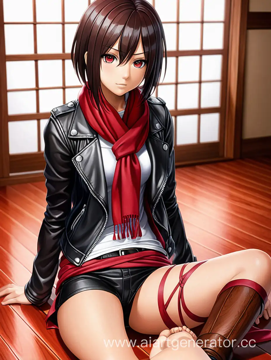 Mikasa-Anime-Character-in-Stylish-Red-Scarf-and-Leather-Jacket