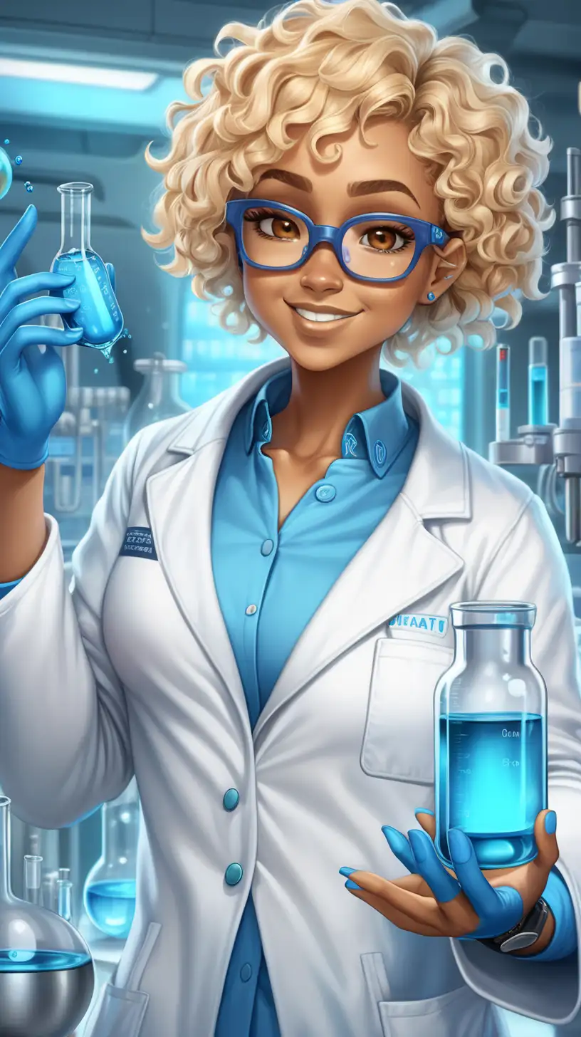 dentro de um laboratorio futurista com temas em azul , crie uma mulher avatar feliz, Cabelo bem curto crespo e raspado nas lateraise loiro, pele morena
Corpo gordo com jaleco branco, olhos na cor castanho e cabelos loiros, rosto aredondado, usando oculos e segurando um tubo de ensaio com liguido azul