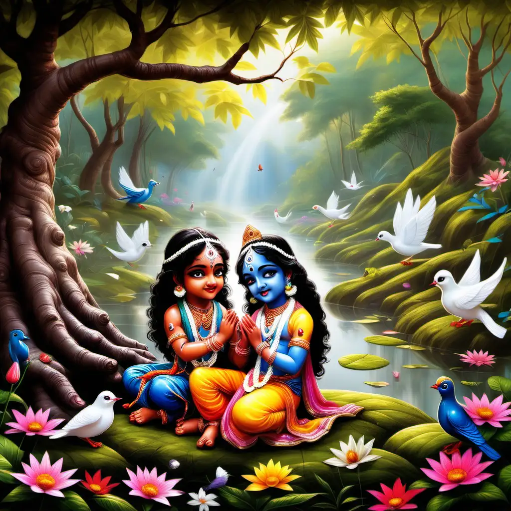 Envision Little Radha and Krishna surrounded by nature—perhaps sitting under a tree, picking flowers, or feeding birds together. Nature often serves as a serene backdrop for their interactions