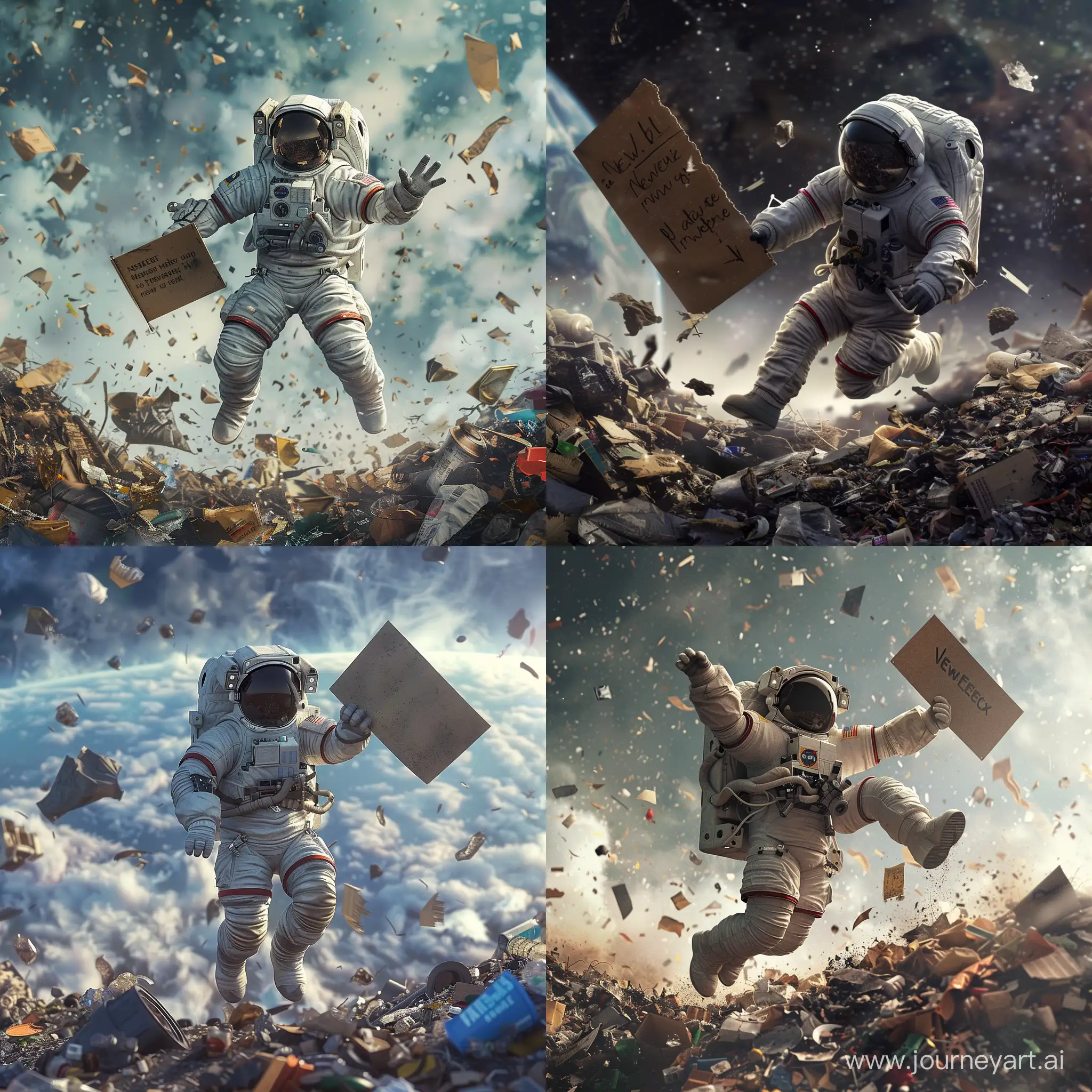 astronaut flies in the trash heap and holding in hand a sign with the inscription - new meta