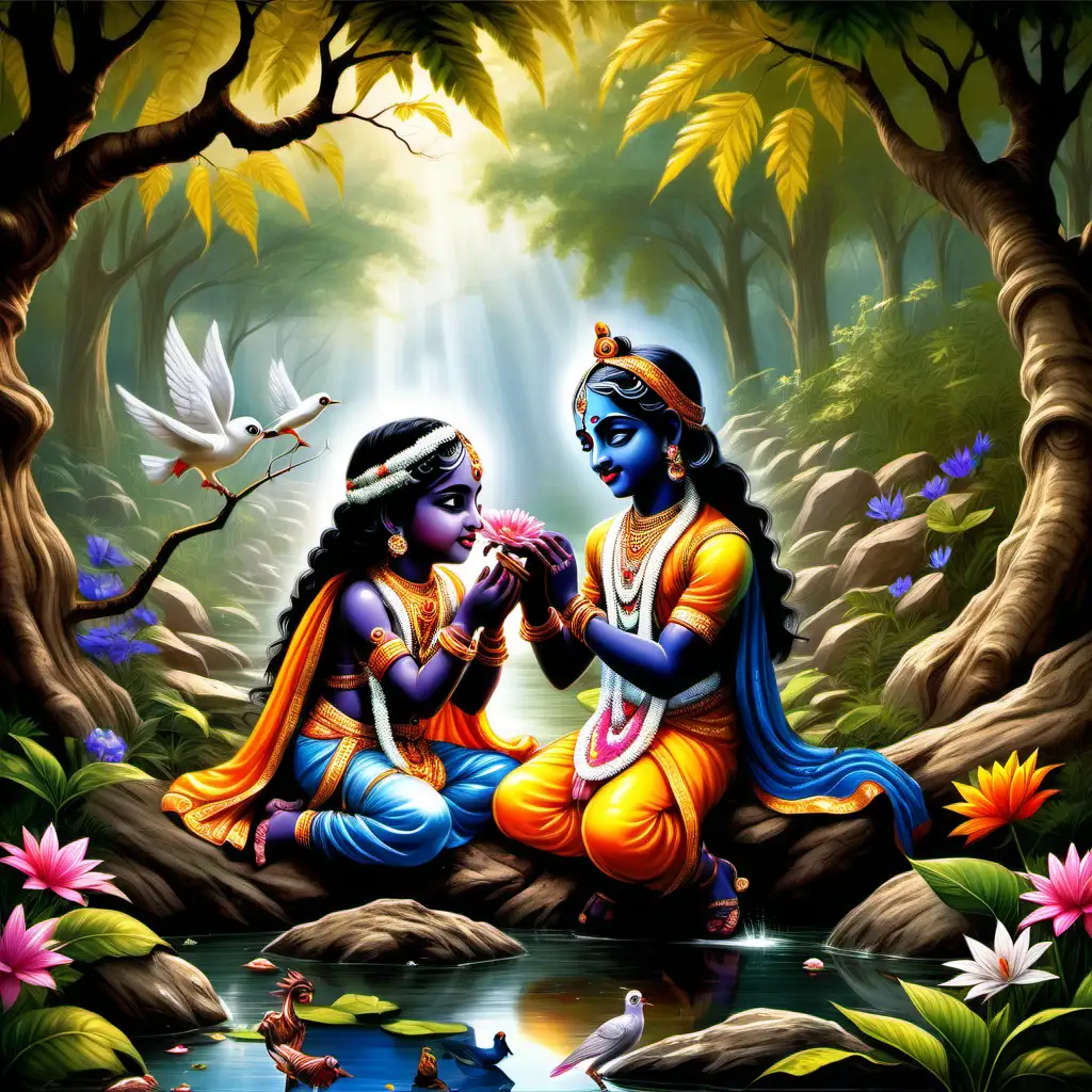 Envision Little Radha and Krishna surrounded by nature—perhaps sitting under a tree, picking flowers, or feeding birds together. Nature often serves as a serene backdrop for their interactions