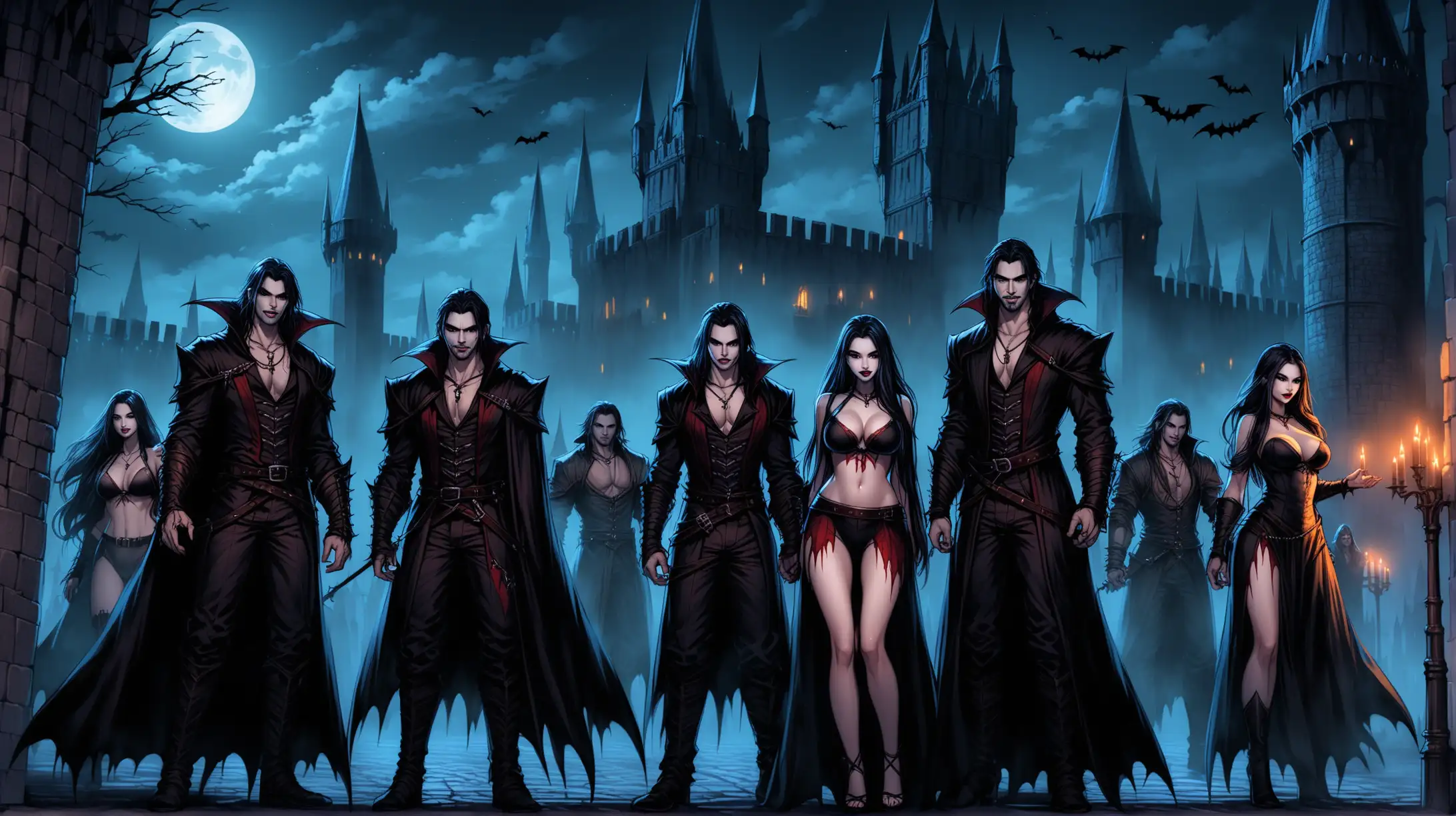 group of sexy male and sexy female dhampyr half vampires, gothic towers, night, Medieval fantasy