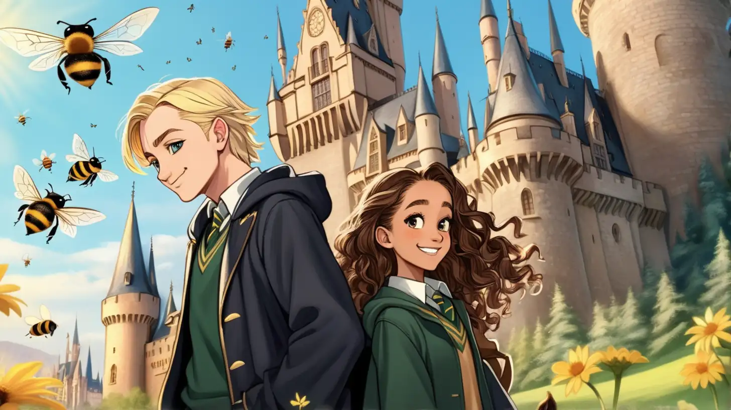 Sunny day, winter time, Hogwarts castle, Draco Malfoy smiling, Hermione Granger smiling with dark curly long hair, back-to-back, in front of castle, bees flying over their heads, in a Disney style

