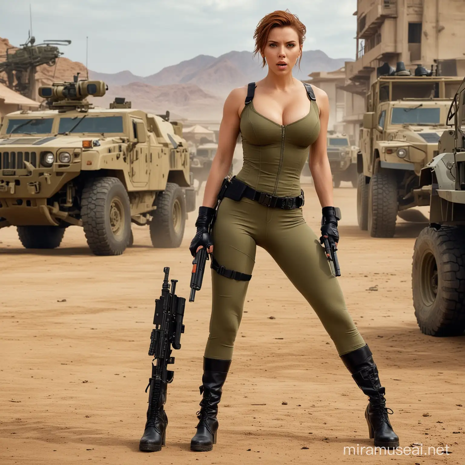 Scarlett Johansson as Lady Jaye from G.I.Joe, A woman strikes with her foot, the leg is lifted above the head, full body, athletic body, Female muscles, action pose, big breasts, bikini, There is a variety of military equipment in the background, big muscles thighs