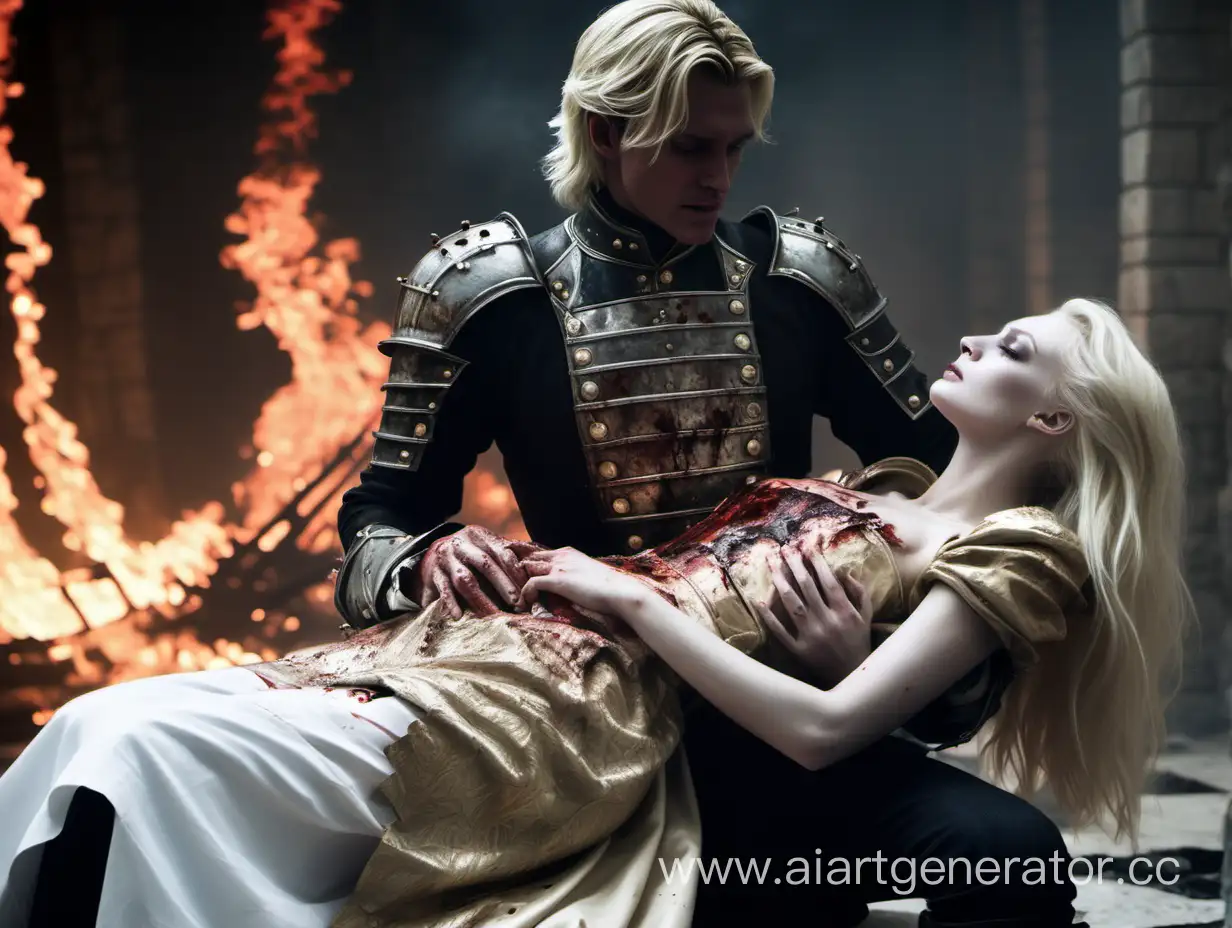 Tragic-Scene-Wounded-King-Embraced-by-Blonde-Queen-Amidst-Castle-Fire