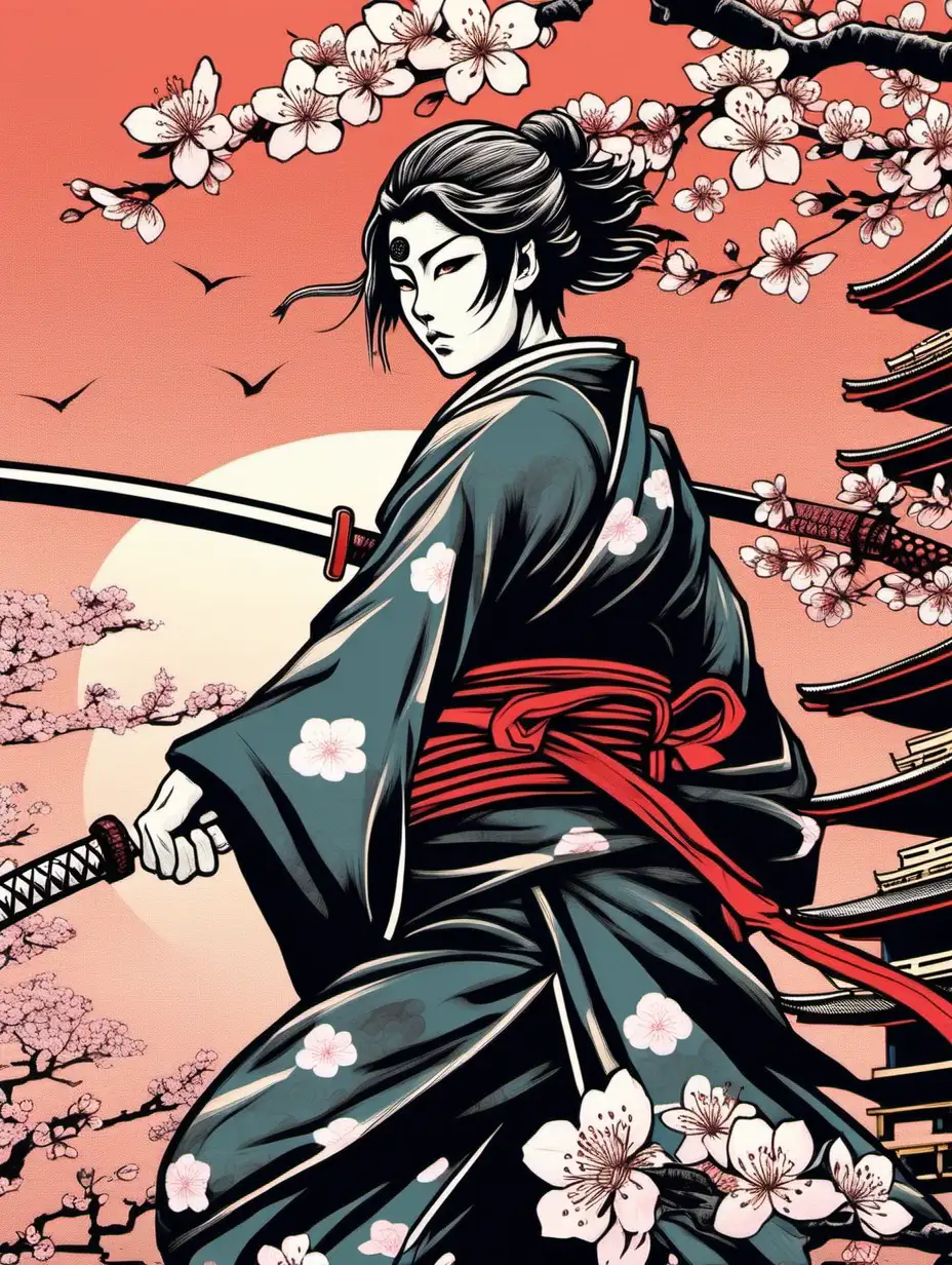 Ukiyo-e  Style artwork of a female ninja under a cherry blossom 