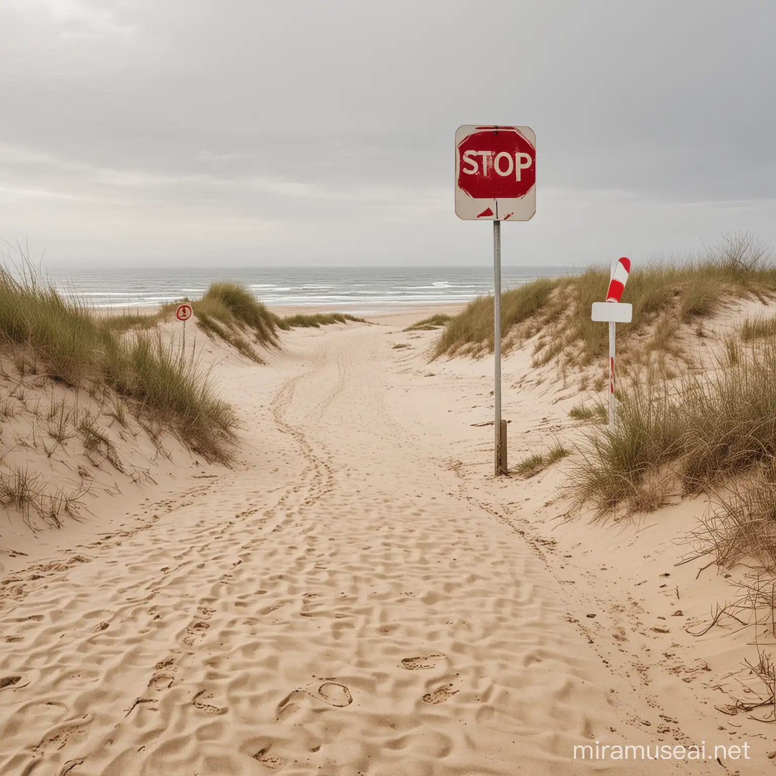 un bord de mer et panneaux stop, sens interdit, proirité, céder le passage  routière que s'entrecroisent dans les dunes de sable
