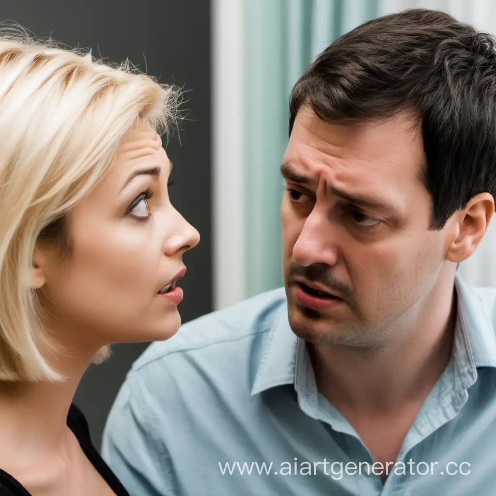 Concerned-Woman-Talking-to-Husband-Tall-Brunette-Man-with-Short-Blonde-Hair