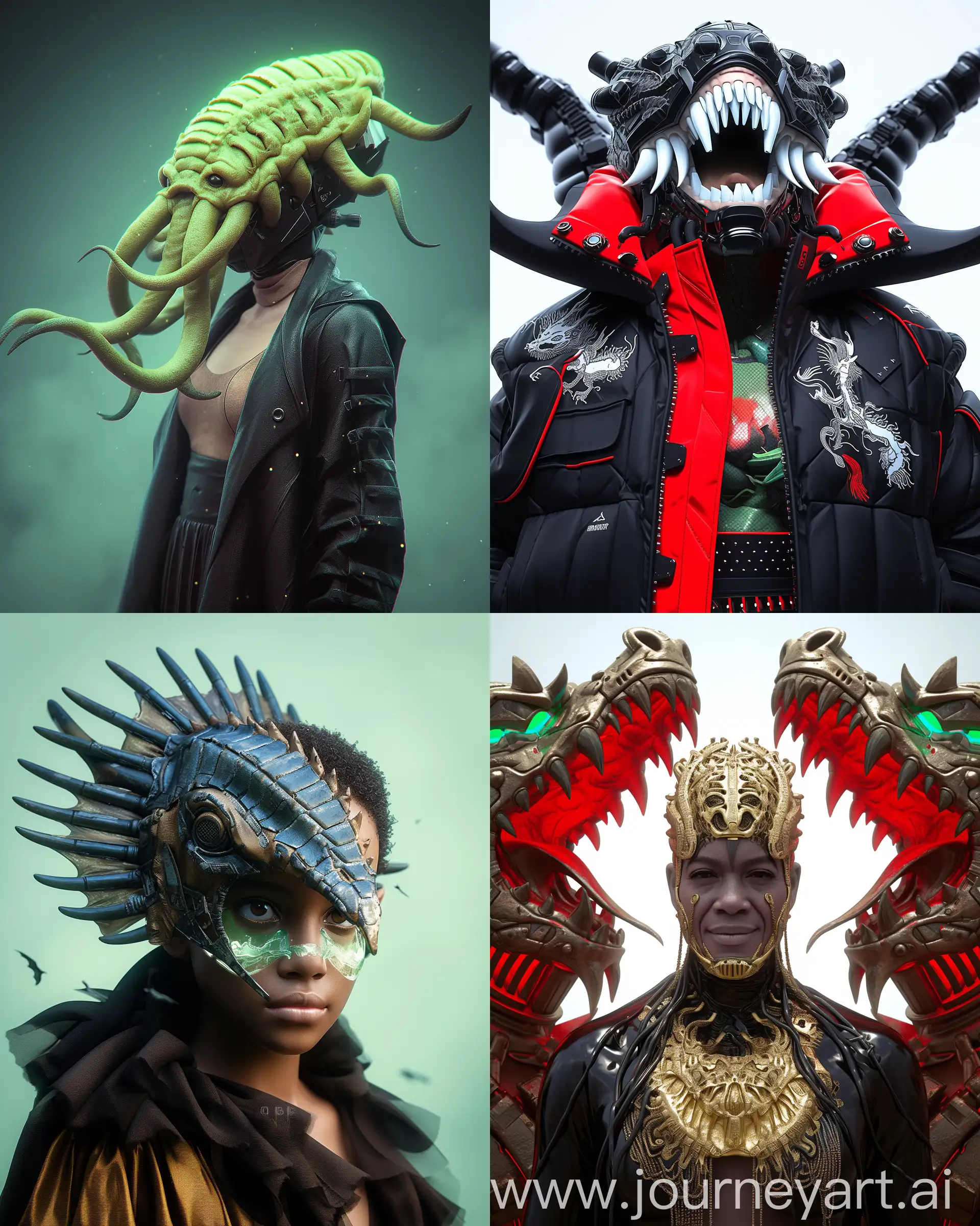 https://s.mj.run/xWBwbbV9-rw https://s.mj.run/JRlA5BBVDrc hyper-realistic fashion editorial photography, a close up of a person wearing a costume, cyberpunk art, inspired by Zoltan Boros, zbrush central contest winner, afrofuturism, dragon helmet, cthulhu samurai, rendered in keyshot, techwear fashion, symmetrical dieselpunk warrior, hg giger, liquid headdress, future techwear, cyber mech, techwear occultist, extreme detail, hyper-realistic, photorealistic, professional photography, photos taken with HASSELBLAD H6D, 50mm, iso 800, professional lighting, photorealism, perfect focus, National Geographic photo of the year, photograph by Tim Walker, studio photography --ar 4:5 --niji 6 --c 10