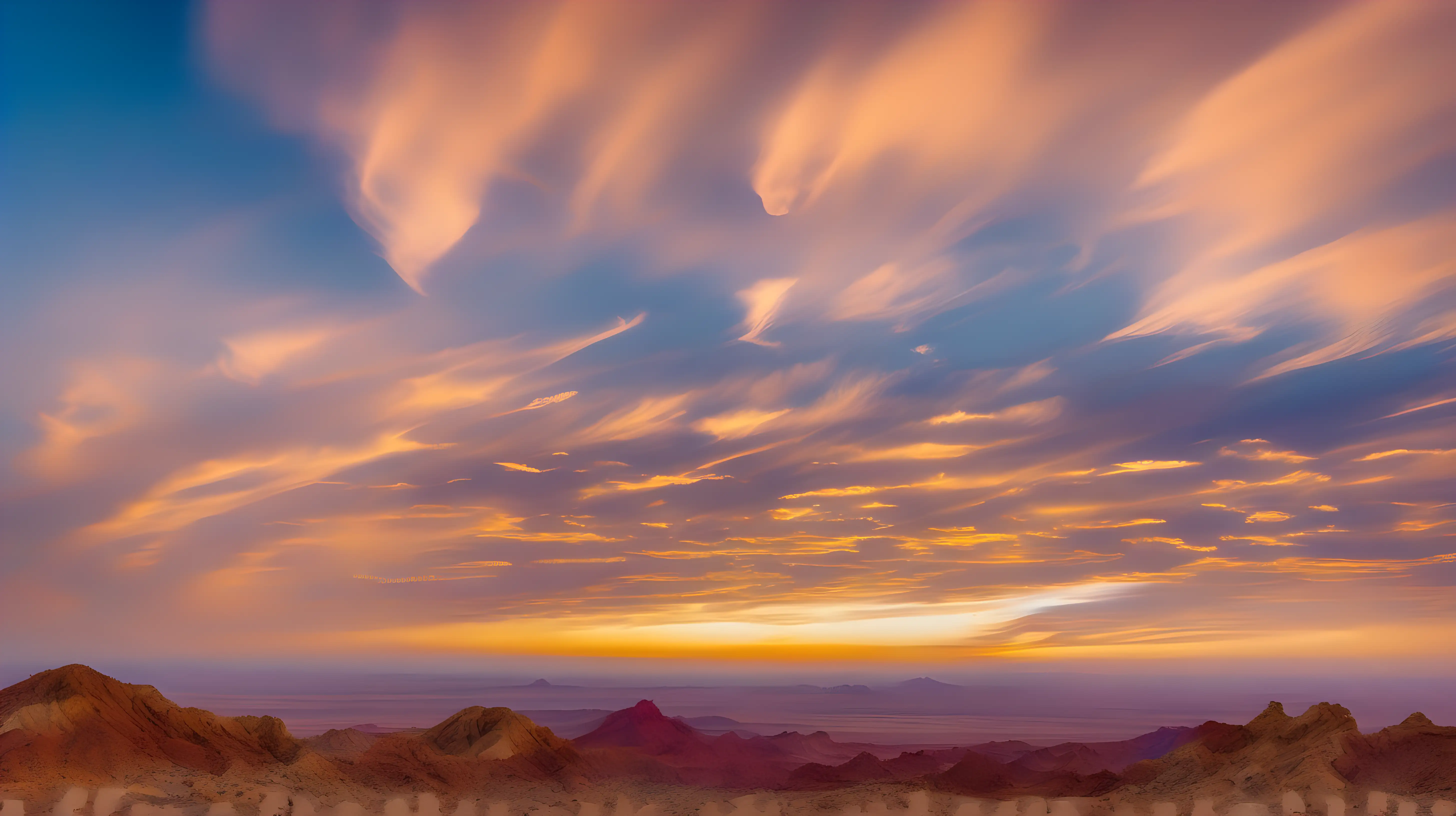 Layers of pastel clouds blending with the golden light, creating a kaleidoscope of colors over the desert horizon