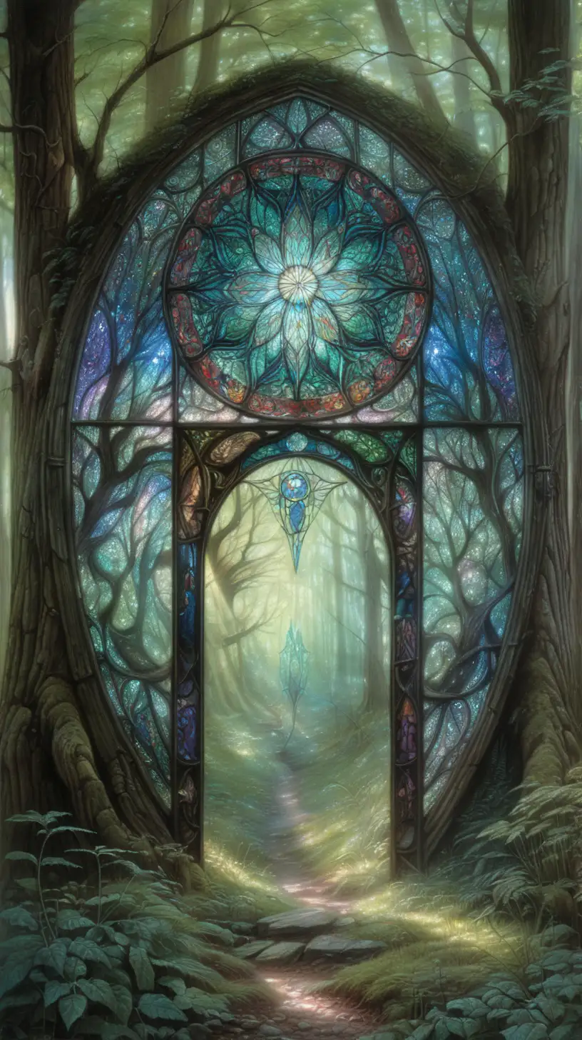  ethereal, art by Lee Man Fong, goth, forest, stained glass in the woods, fairy circle, portal, grunge
