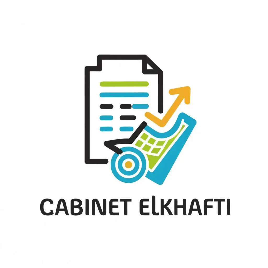 logo, a document and 3 arrow upward A calculator Numbers while the Jomolhari font, with the text "CABINET ELKHALFI", typography, be used in Finance industry