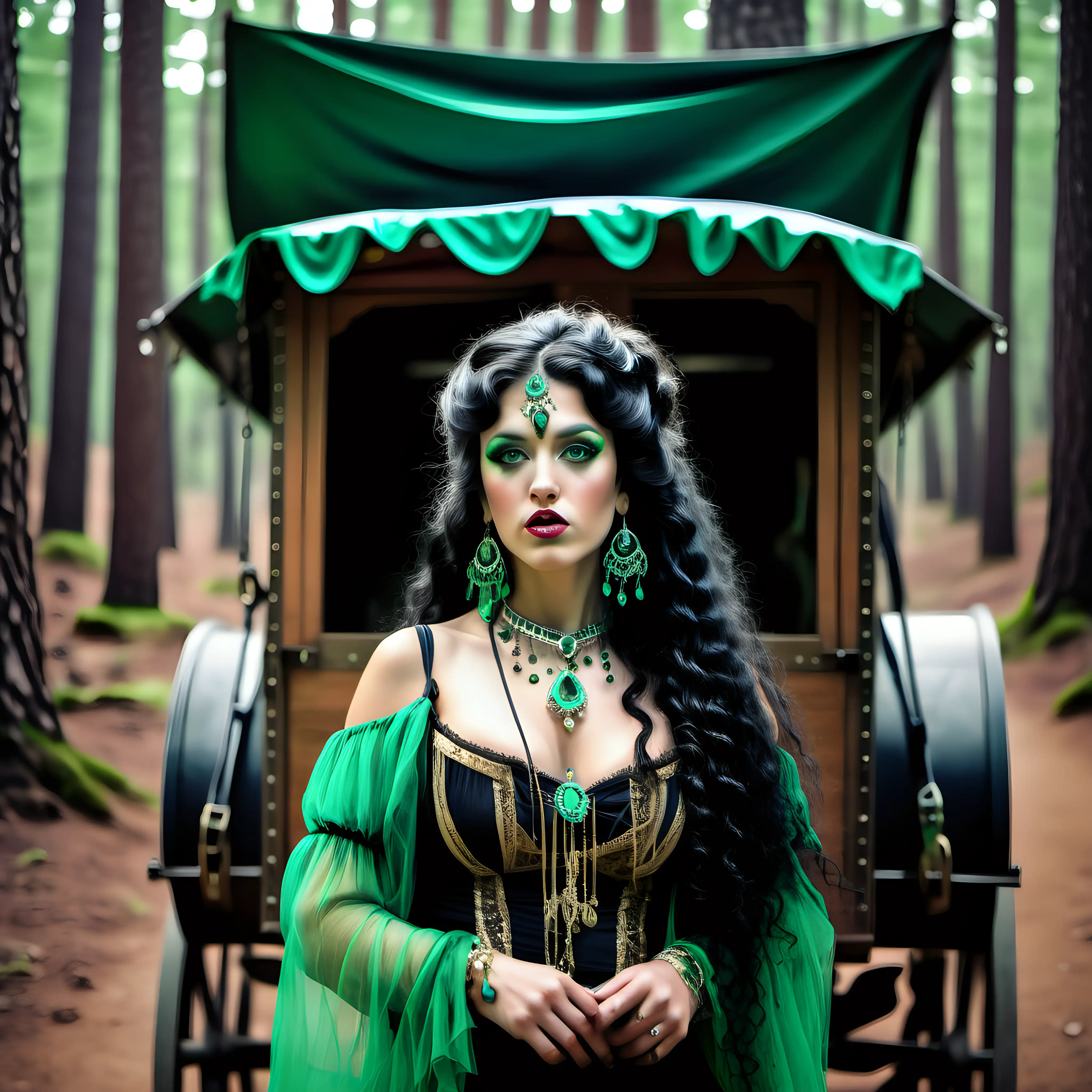 a gypsy wagon is in the pine forest with gypsy horses, gypsy woman with long black curly hair with green eyes, she has mascara & eyeliner, ,she is wearing emerald earrings & necklace 