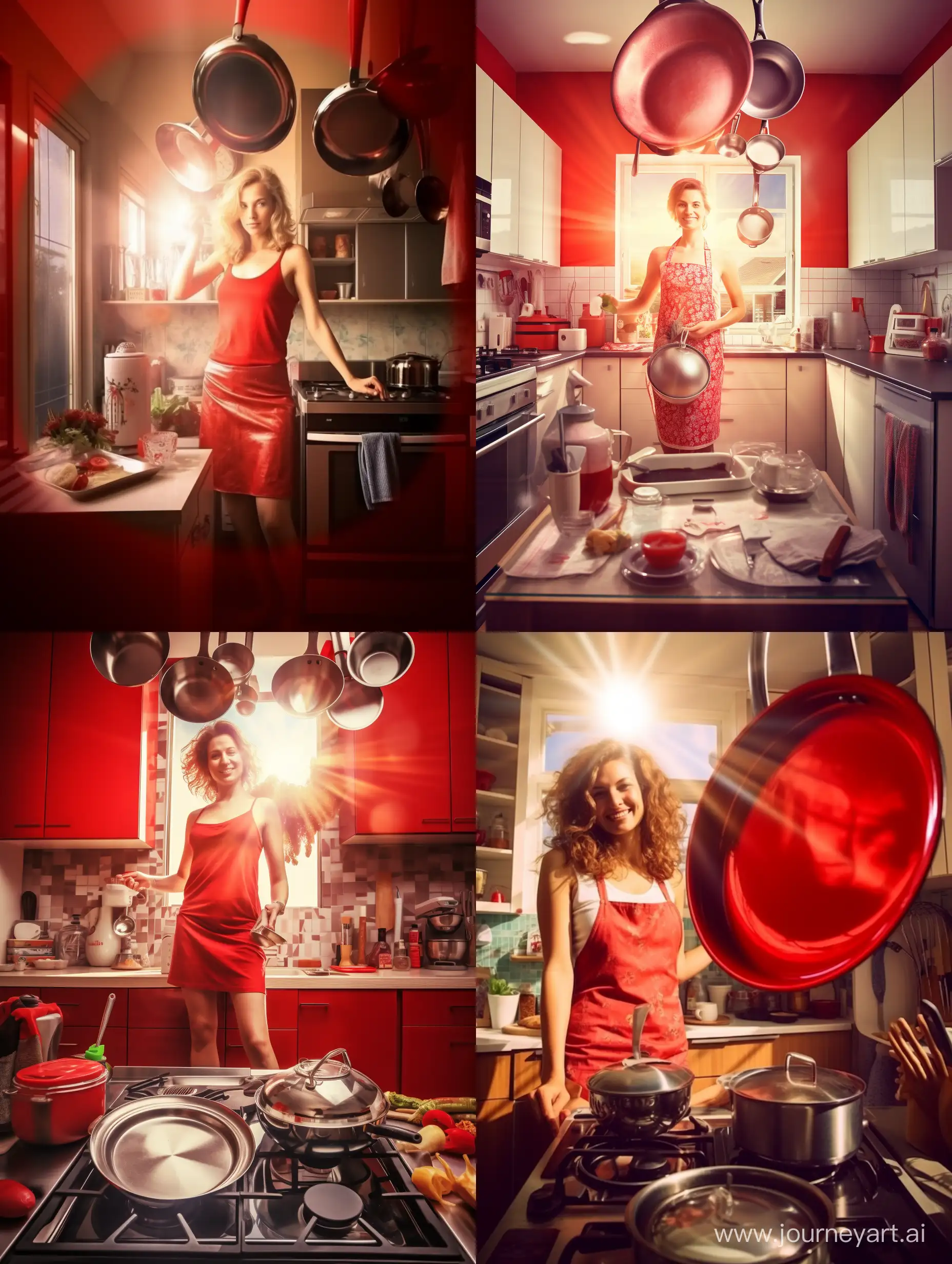 Symmetrical photo of a sunny home rich kitchen with equipment and products. A beautiful 40-year-old European housewife stands directly in front of the viewer, smiling and looking into a large shiny frying pan as if into a mirror. He holds a frying pan in his left hand. The picture contains bright advertising red and silver tones.