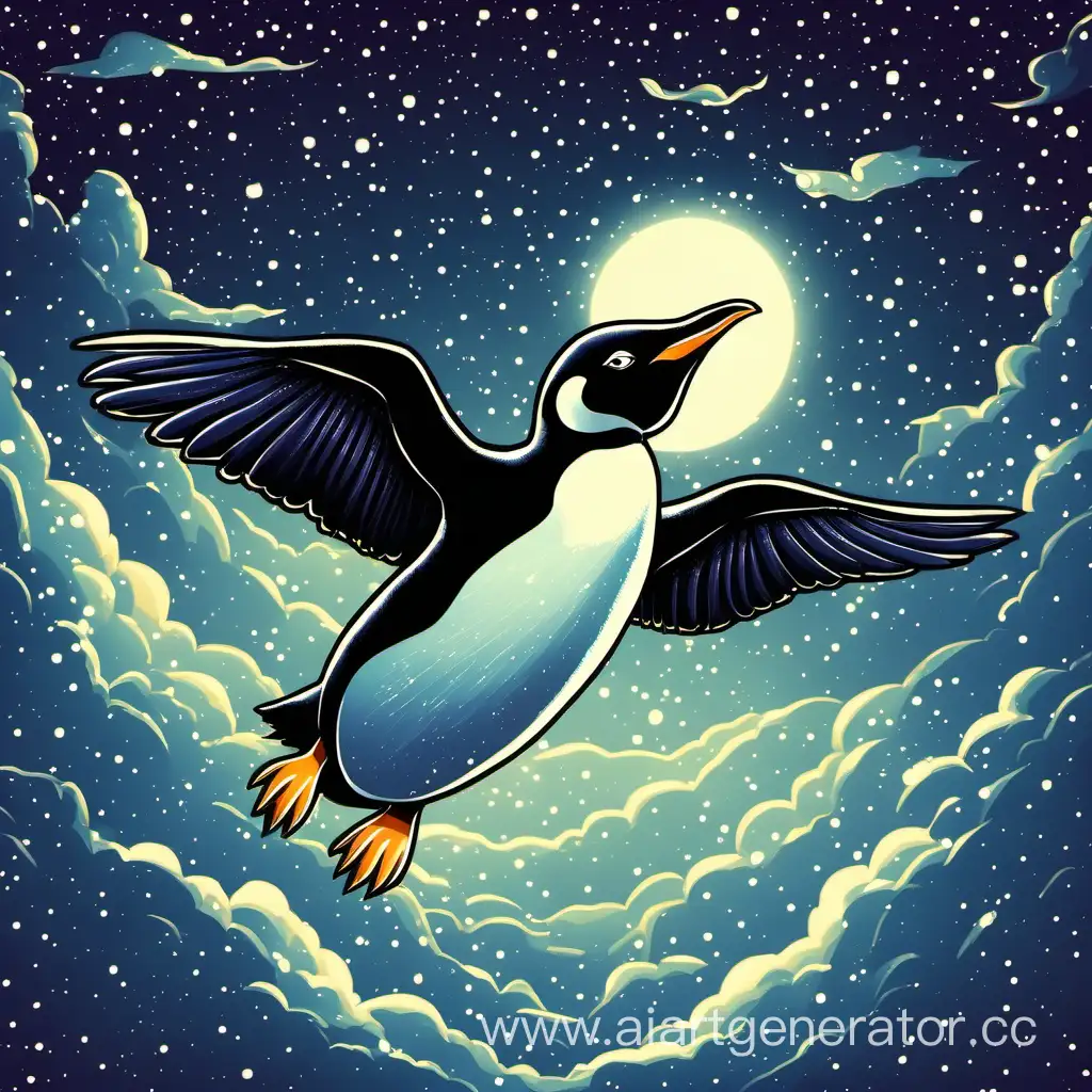 пингвин летит в ночном небе