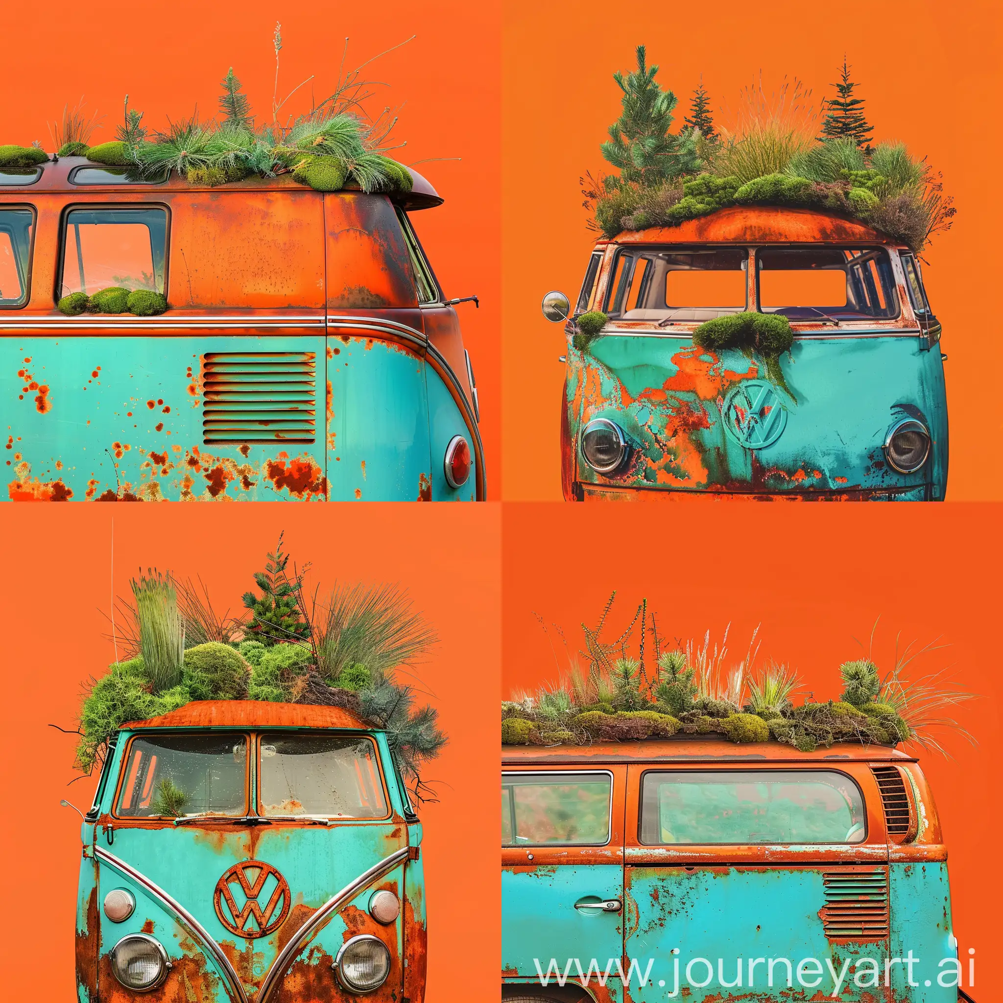 Bright orange background and in the middle of the picture is an old rust-colored, turquoise-blue volkswagen with grass, moss, grasses, and conifers growing on its roof.