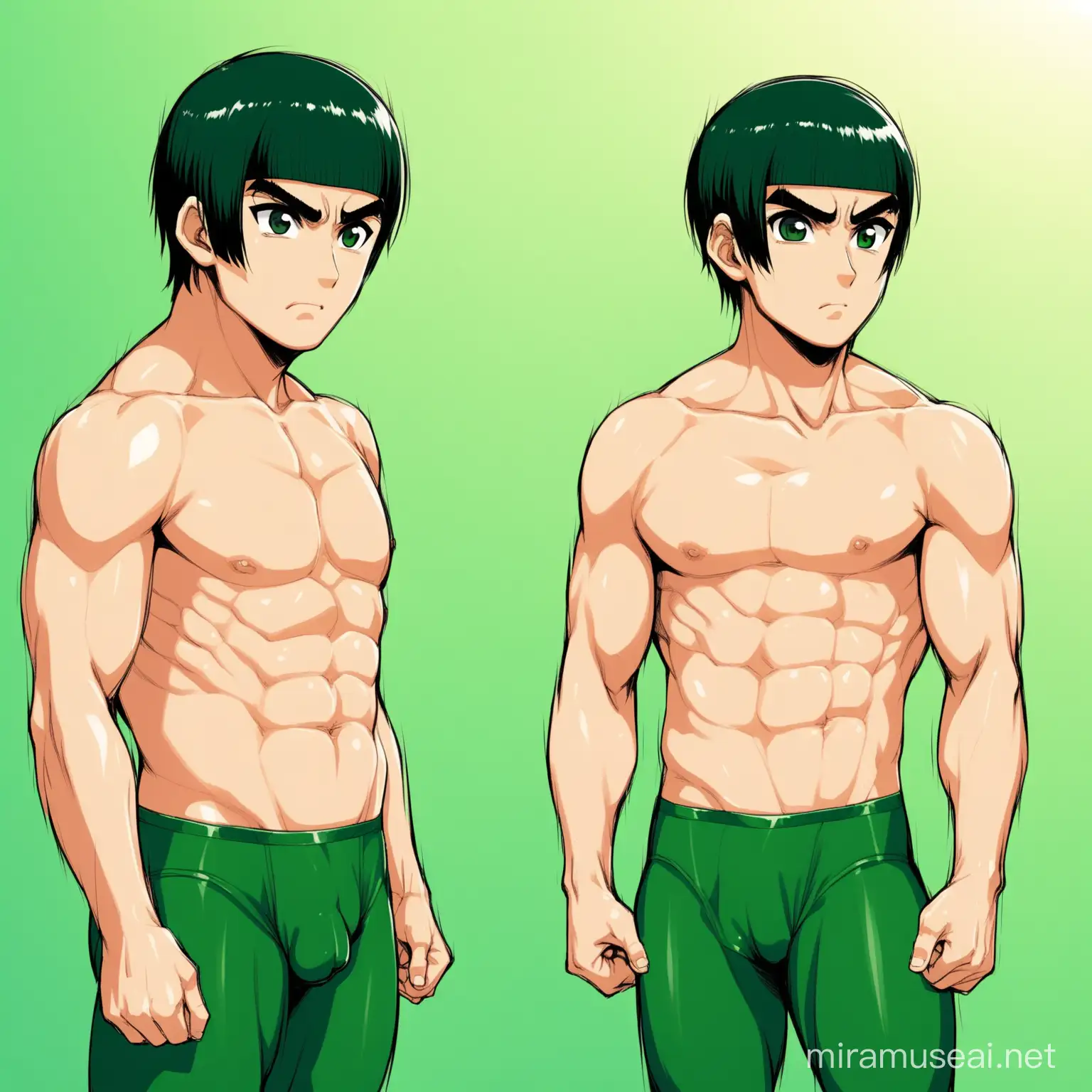 Muscular Rock Lee with Intense Stare in Green Underwear