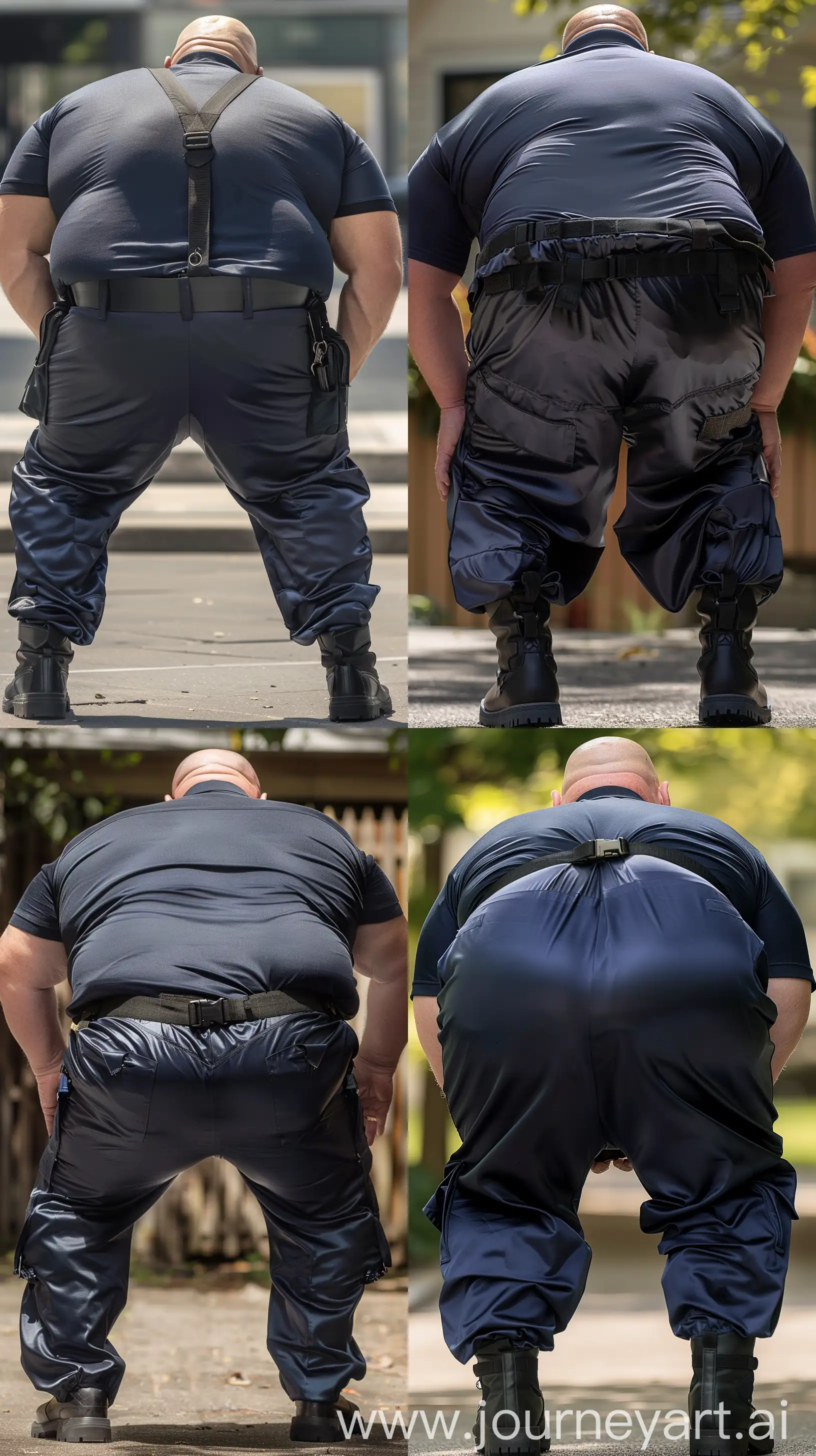 Close-up full body back view photo of a very fat man aged 60. The man is wearing silk navy stretched out battle pants tucked in black tactical boots, he has a tucked in silk navy sport polo shirt and a black tactical belt. The man is bowing forward. Outside. Bald. Clean Shaven. Natural light. --ar 9:16