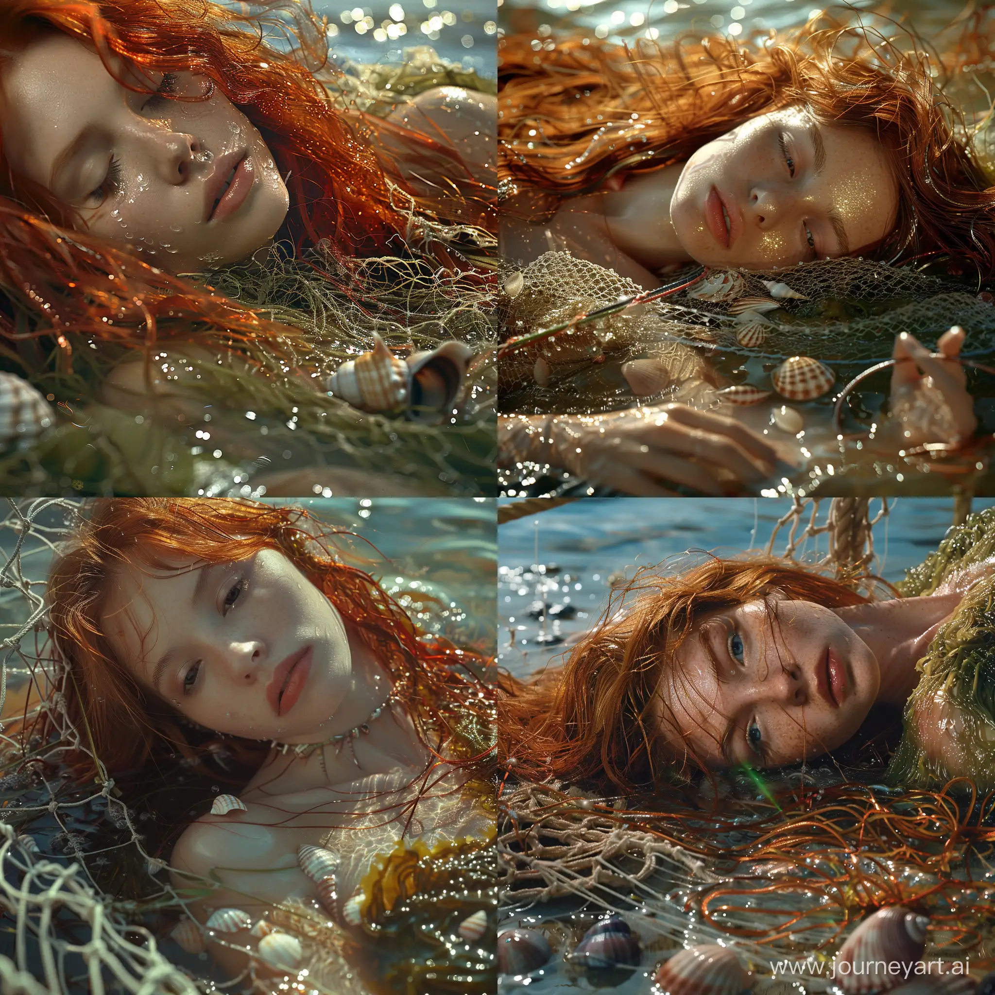 close-up of a girl with long red hair in a seaweed dress lying on the ocean floor, shimmer, glare, shells, fishing net, wet hair. V6