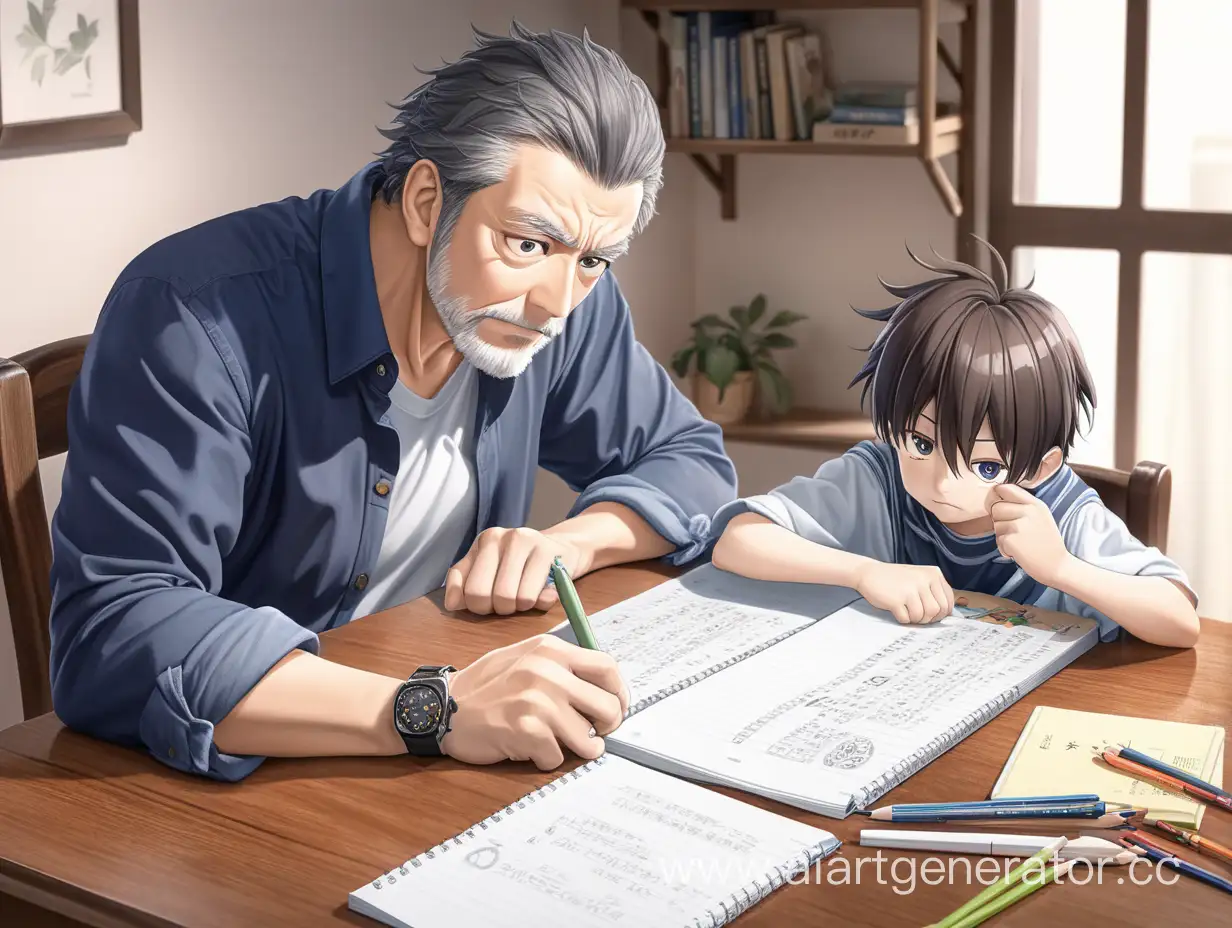 anime, a father pretends to be helping his seven-year-old son with homework at the table