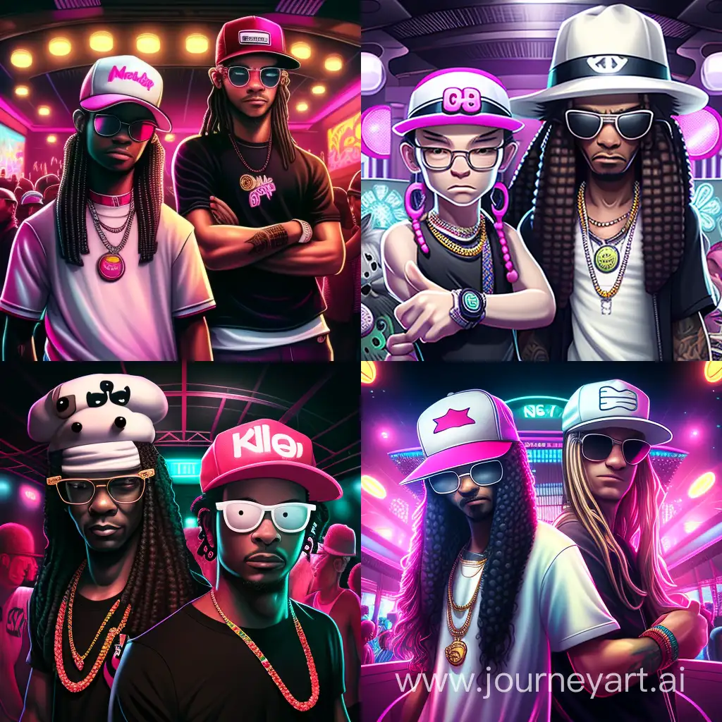 two rappers in white hats and sunglasses, one of them with long hair, and the other just wearing a hat, stand in front of the club, behind them is Hello Kitty near the club and all this in 3D