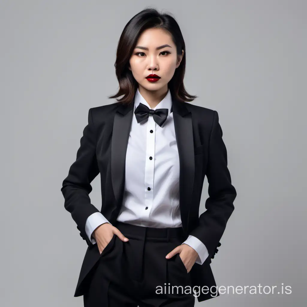confident and sophisticated and stern Asian woman with shoulder-length hair wearing a tuxedo, white shirt with black bowtie, lipstick, hands in pockets, open jacket