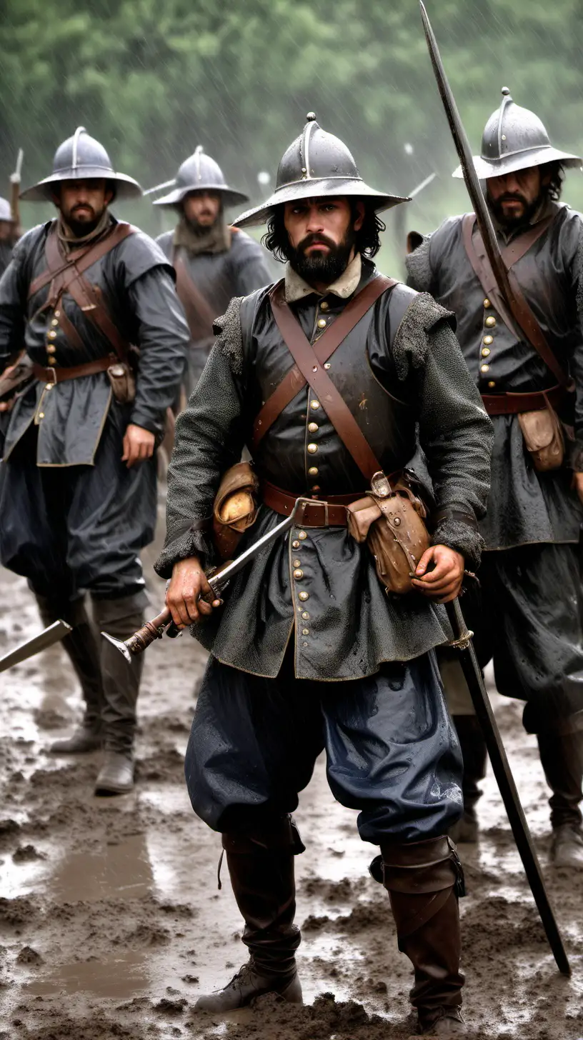 Soldados de los tercios españoles del siglo XVI  con barba, lluvia , suelo lleno de barro,la cara manchada, el pelo mojado,llevan casco,uno tiene sujeto un alcabuz en la mano y el otro una espada ropera