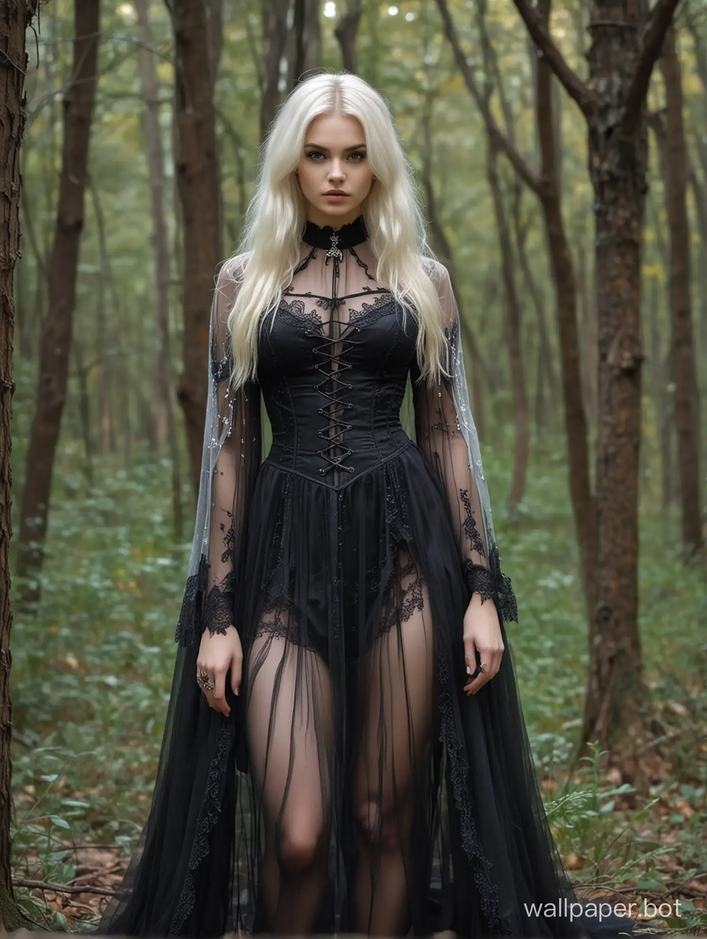Stunning 18 y.o. Russian Model, platinum blonde hair, in Sheer Gothic Costume Amid Enchanting Forest