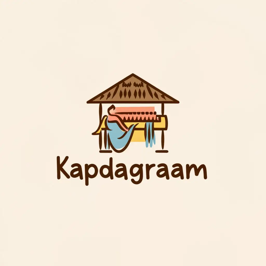 a logo design,with the text "kapdagraam", main symbol:a lady weaving a fabric in front of a hut house,Moderate,clear background